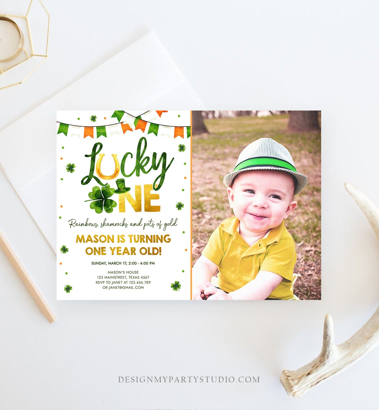 Editable Lucky One Birthday Invitation St. Patrick's Day First Birthday 1st Boy Shamrock Clover Download Corjl Template Printable 0379