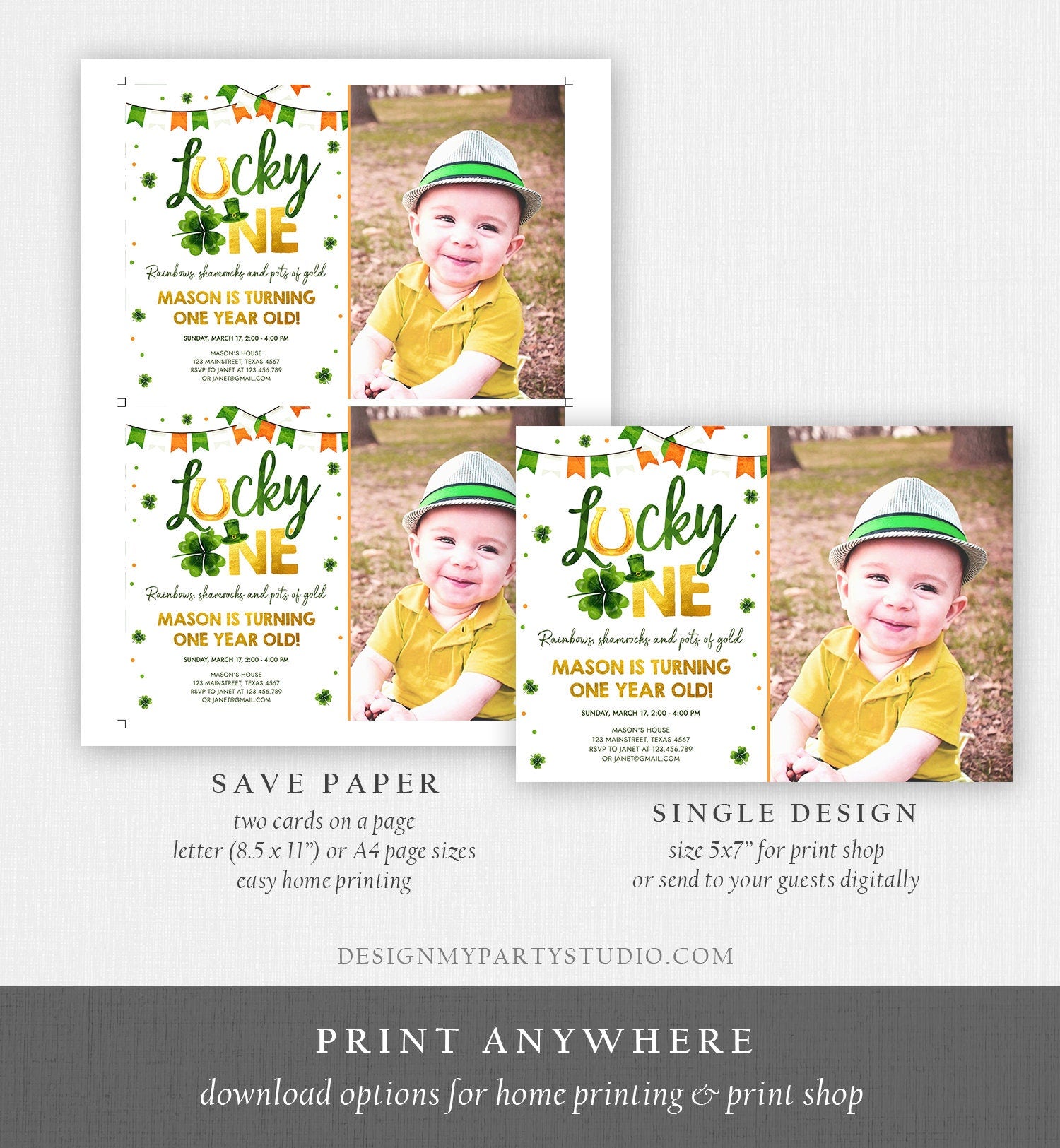 Editable Lucky One Birthday Invitation St. Patrick's Day First Birthday 1st Boy Shamrock Clover Download Corjl Template Printable 0379