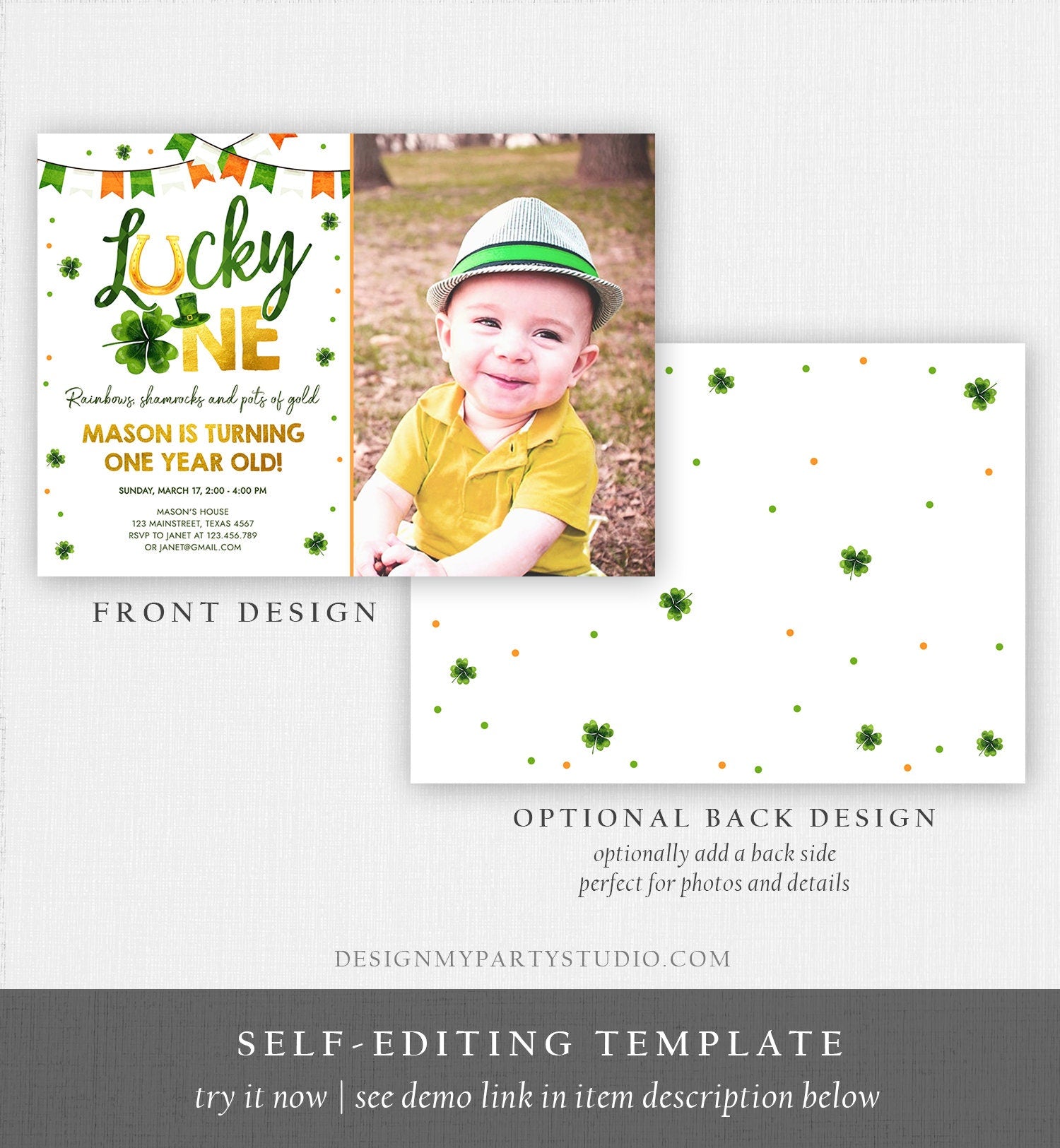 Editable Lucky One Birthday Invitation St. Patrick's Day First Birthday 1st Boy Shamrock Clover Download Corjl Template Printable 0379