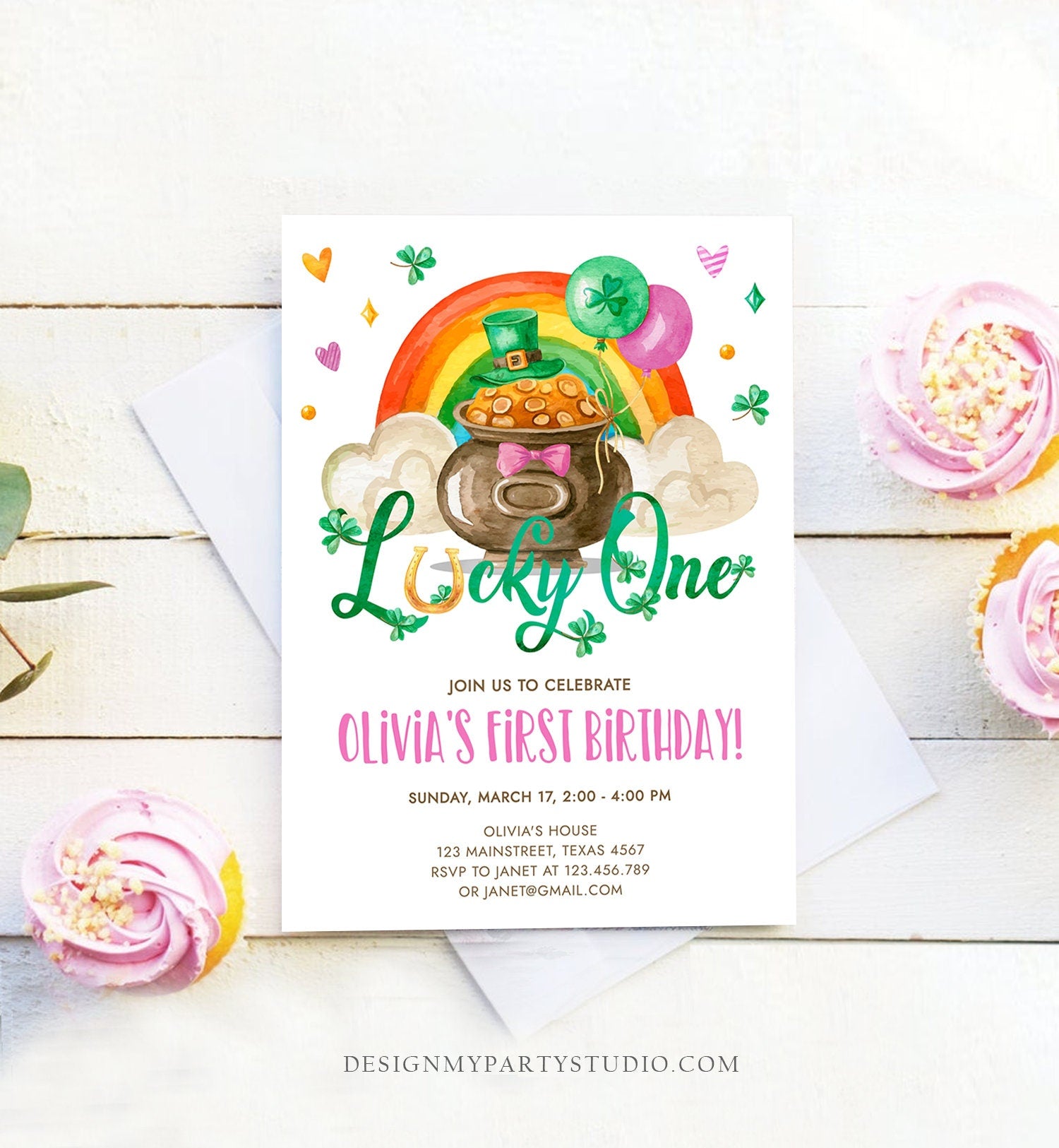 Editable Lucky One Birthday Invitation St. Patrick's Day First Birthday 1st Girl Pink Shamrock Clover Download Corjl Template Printable 0380