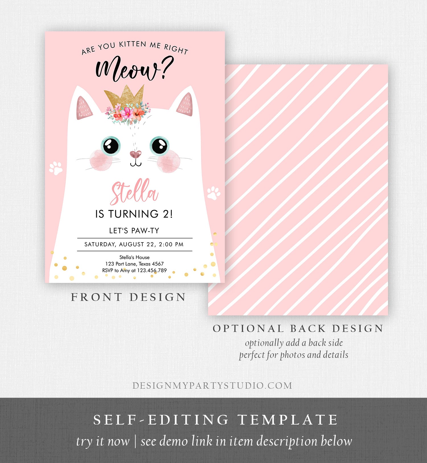 Editable Kitten Birthday Invitation Kitty Cat birthday Party Cat Invite Are You Kitten Me Pink Girl Download Printable Digital Corjl 0381