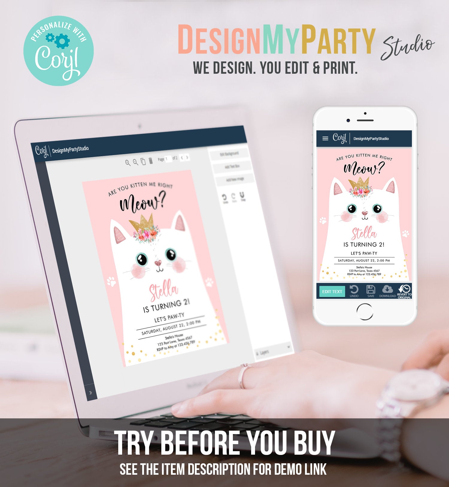 Editable Kitten Birthday Invitation Kitty Cat birthday Party Cat Invite Are You Kitten Me Pink Girl Download Printable Digital Corjl 0381