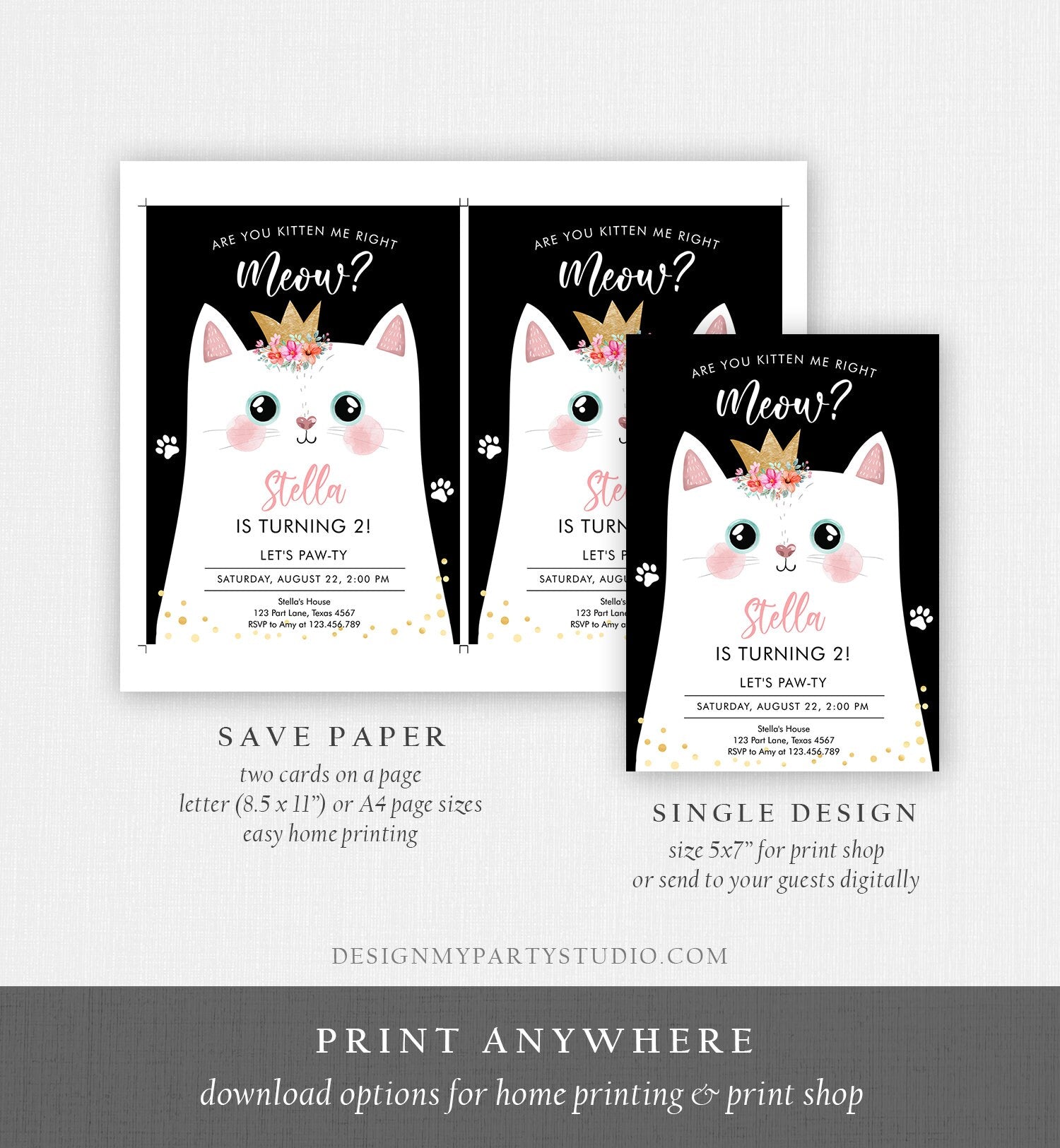 Editable Kitten Birthday Invitation Kitty Cat birthday Party Cat Invite Are You Kitten Me Black Girl Download Printable Digital Corjl 0381