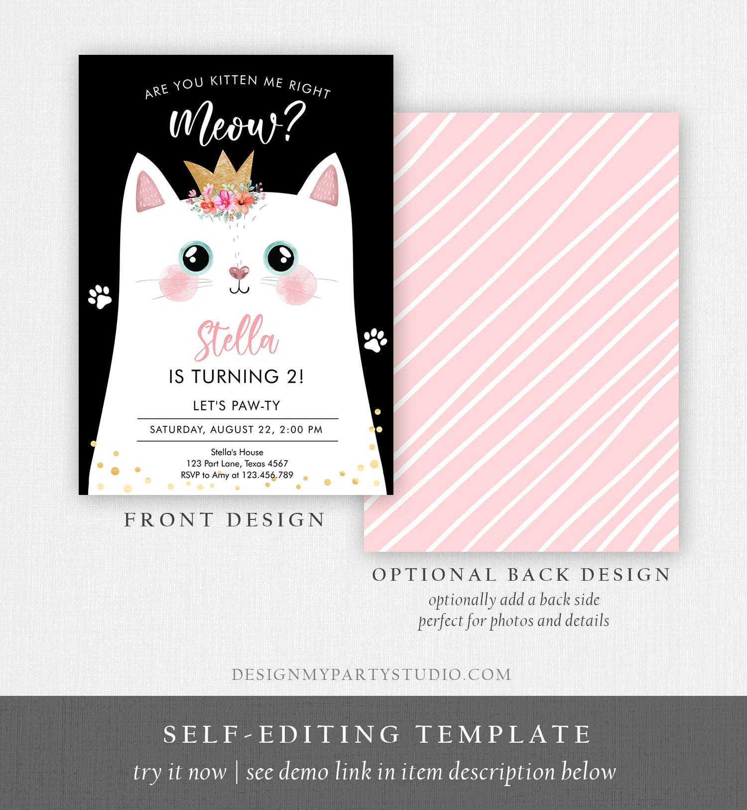 Editable Kitten Birthday Invitation Kitty Cat birthday Party Cat Invite Are You Kitten Me Black Girl Download Printable Digital Corjl 0381