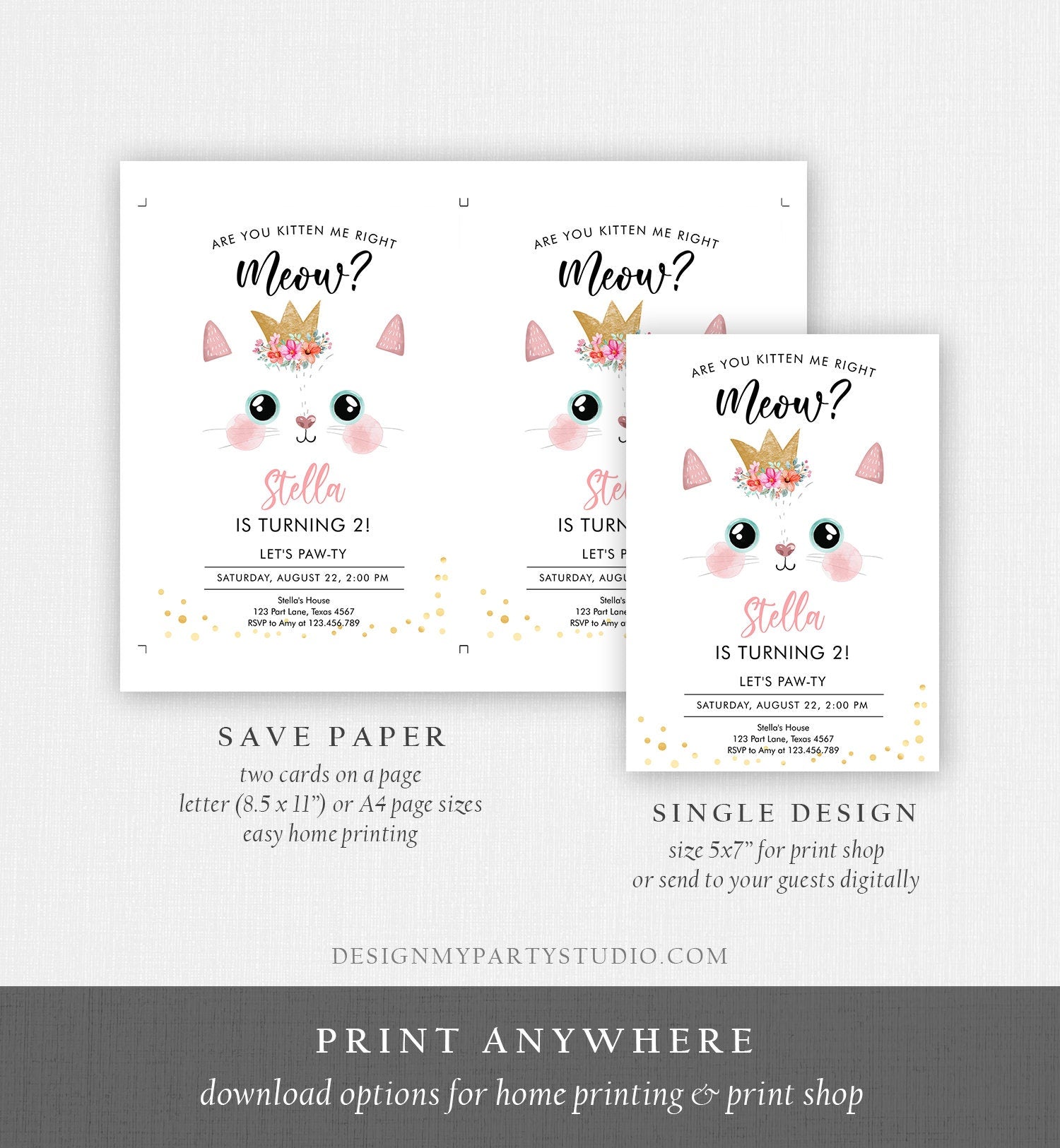 Editable Kitten Birthday Invitation Kitty Cat birthday Party Cat Invite Are You Kitten Me Pink Girl Download Printable Digital Evite 0381