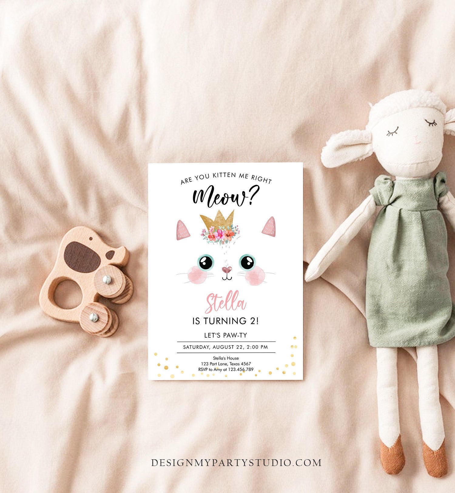 Editable Kitten Birthday Invitation Kitty Cat birthday Party Cat Invite Are You Kitten Me Pink Girl Download Printable Digital Evite 0381