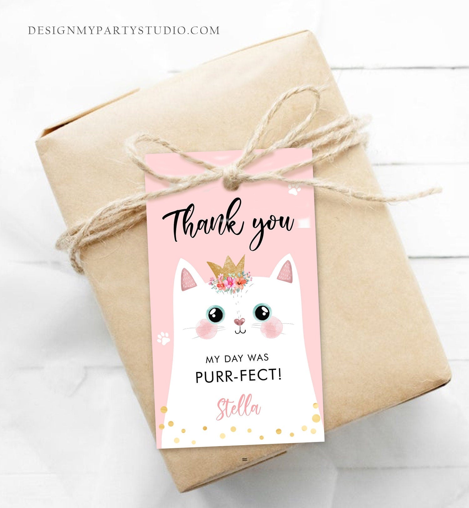 Editable Kitten Birthday Favor Tags Kitty Birthday Thank you Label Cat Party Gift Tags Girl Pink Purrfect Digital Template PRINTABLE 0381