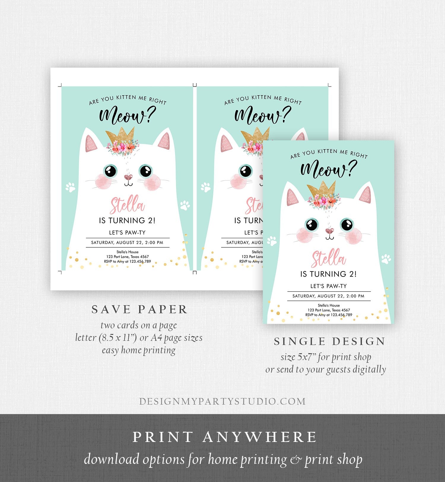 Editable Kitten Birthday Invitation Kitty Cat birthday Party Cat Invite Are You Kitten Me Teal Girl Download Digital Evite Printable 0381