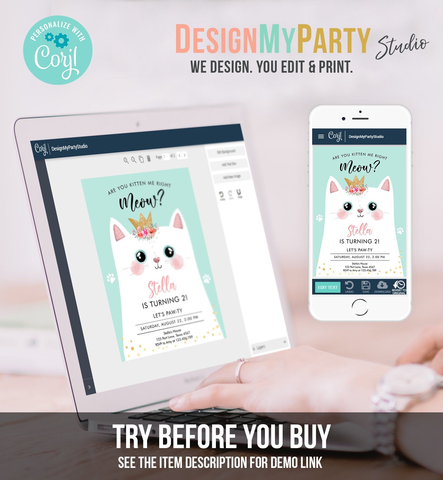 Editable Kitten Birthday Invitation Kitty Cat birthday Party Cat Invite Are You Kitten Me Teal Girl Download Digital Evite Printable 0381