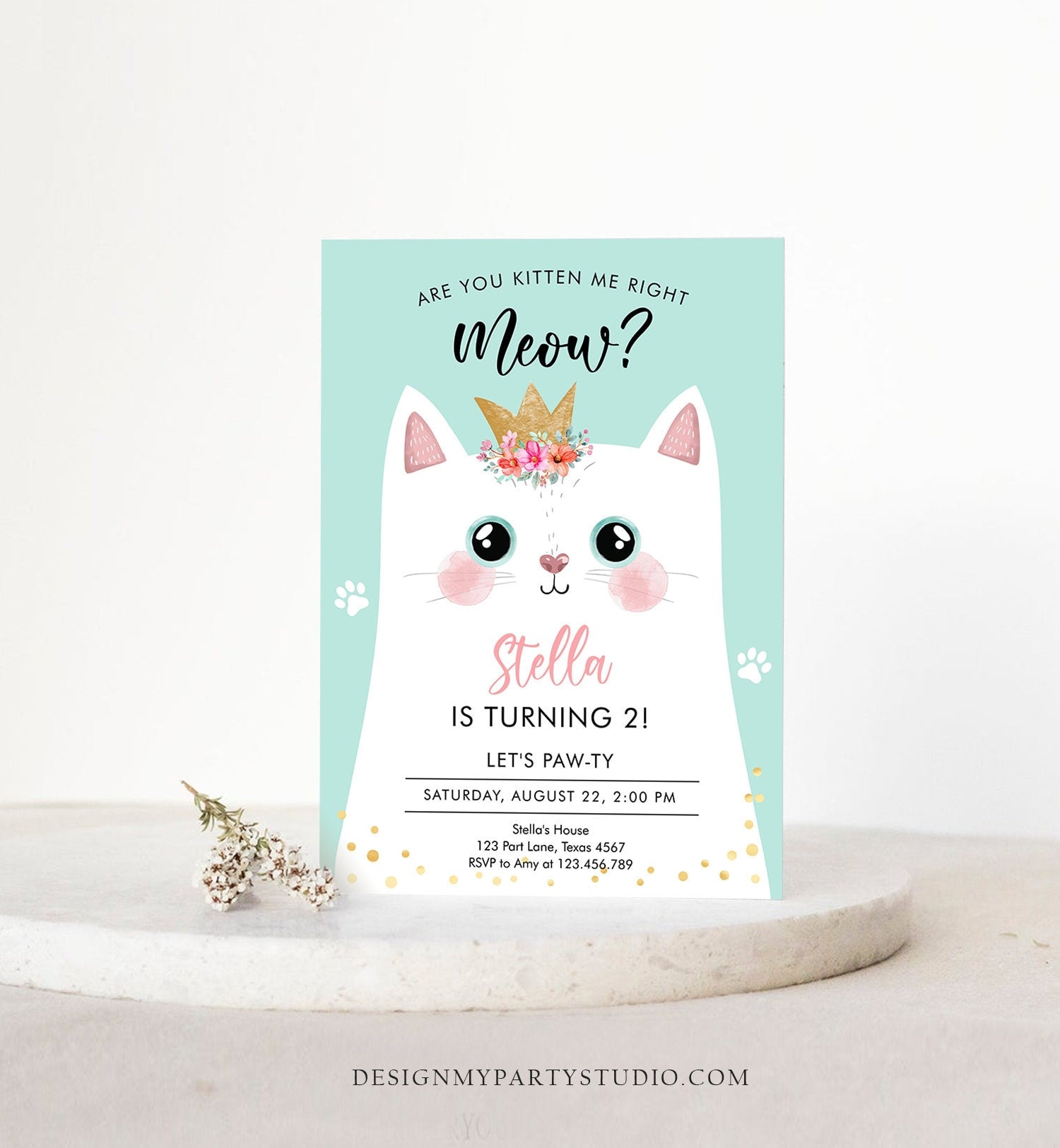 Editable Kitten Birthday Invitation Kitty Cat birthday Party Cat Invite Are You Kitten Me Teal Girl Download Digital Evite Printable 0381