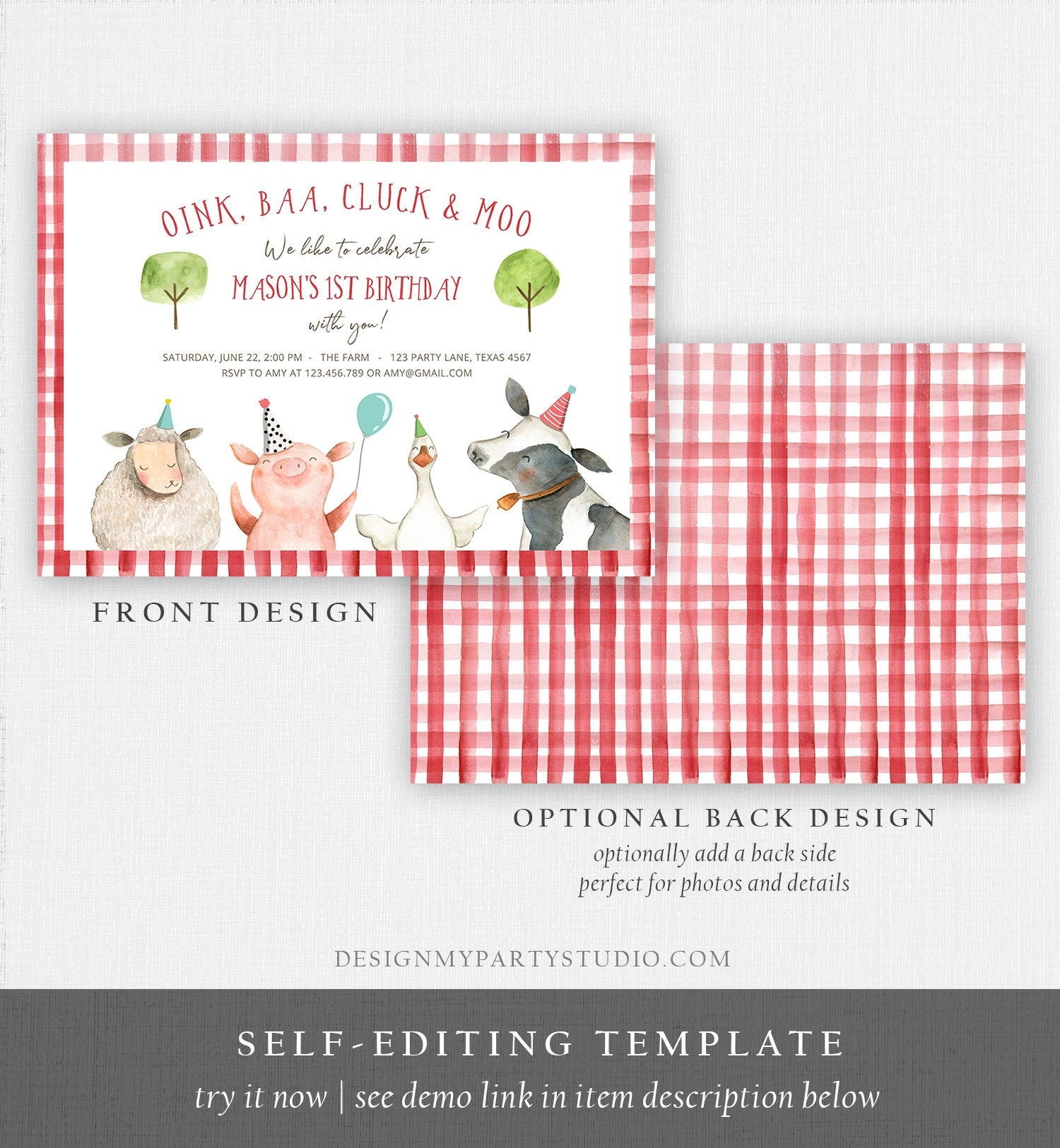 Editable Farm Animals Birthday Invitation Boy Red Barn Barnyard Party Animals Cow Sheep Pig Digital Download Evite Template Printable 0155