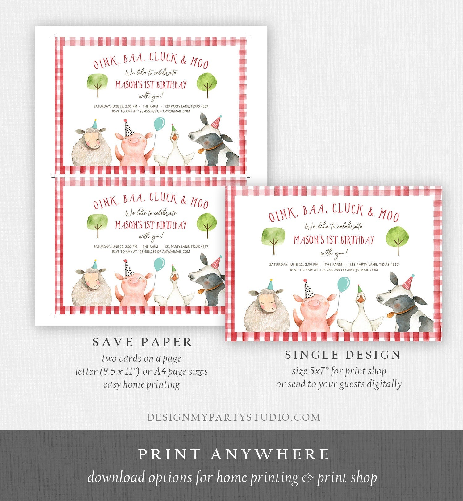 Editable Farm Animals Birthday Invitation Boy Red Barn Barnyard Party Animals Cow Sheep Pig Digital Download Evite Template Printable 0155