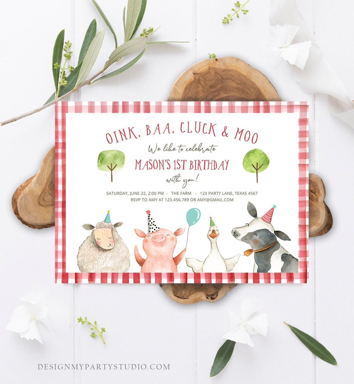 Editable Farm Animals Birthday Invitation Boy Red Barn Barnyard Party Animals Cow Sheep Pig Digital Download Evite Template Printable 0155