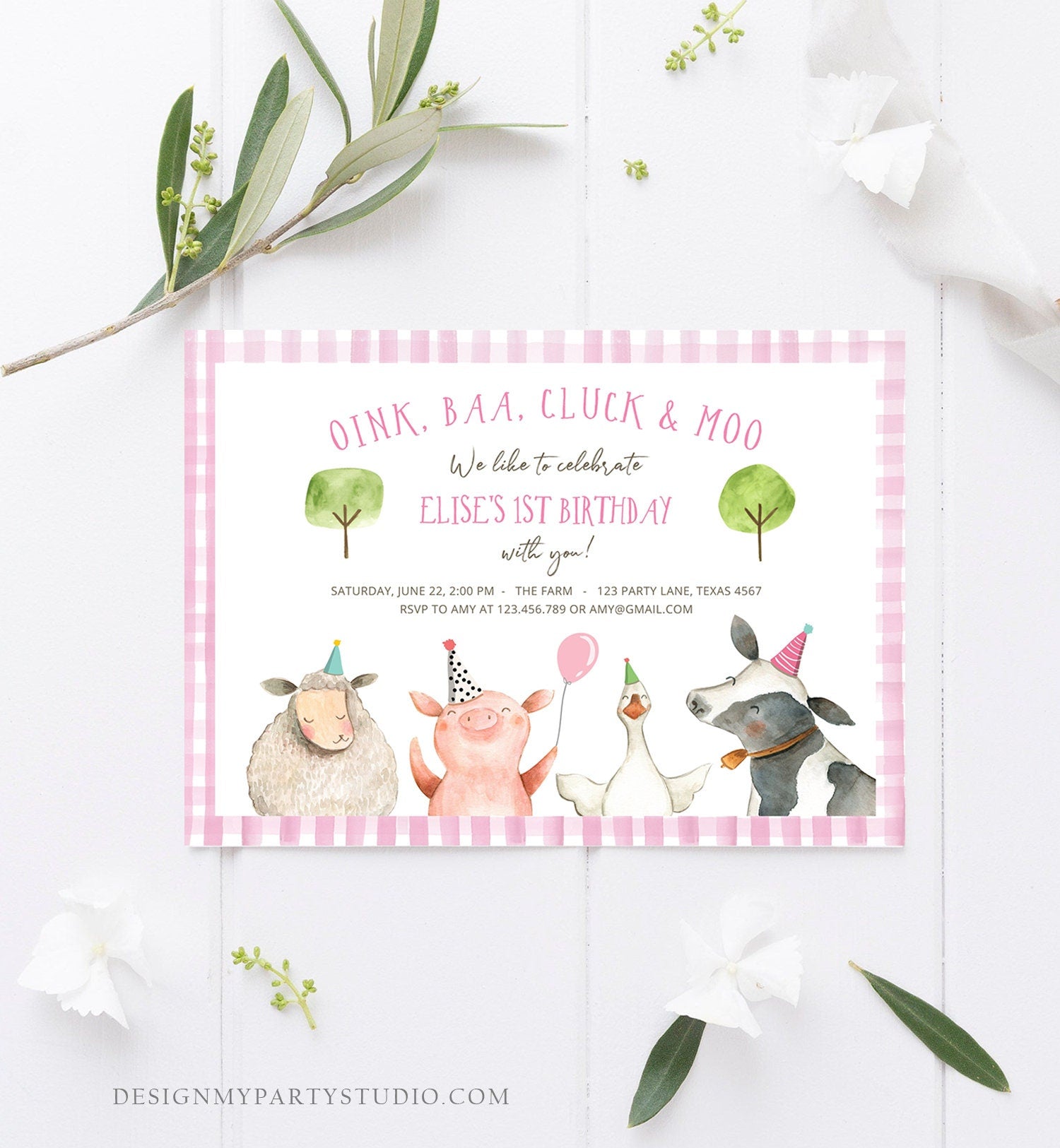 Editable Farm Birthday Invitation Girl Farm Animals Pink Floral Barnyard Party Download Printable Invitation Template Digital Corjl 0155