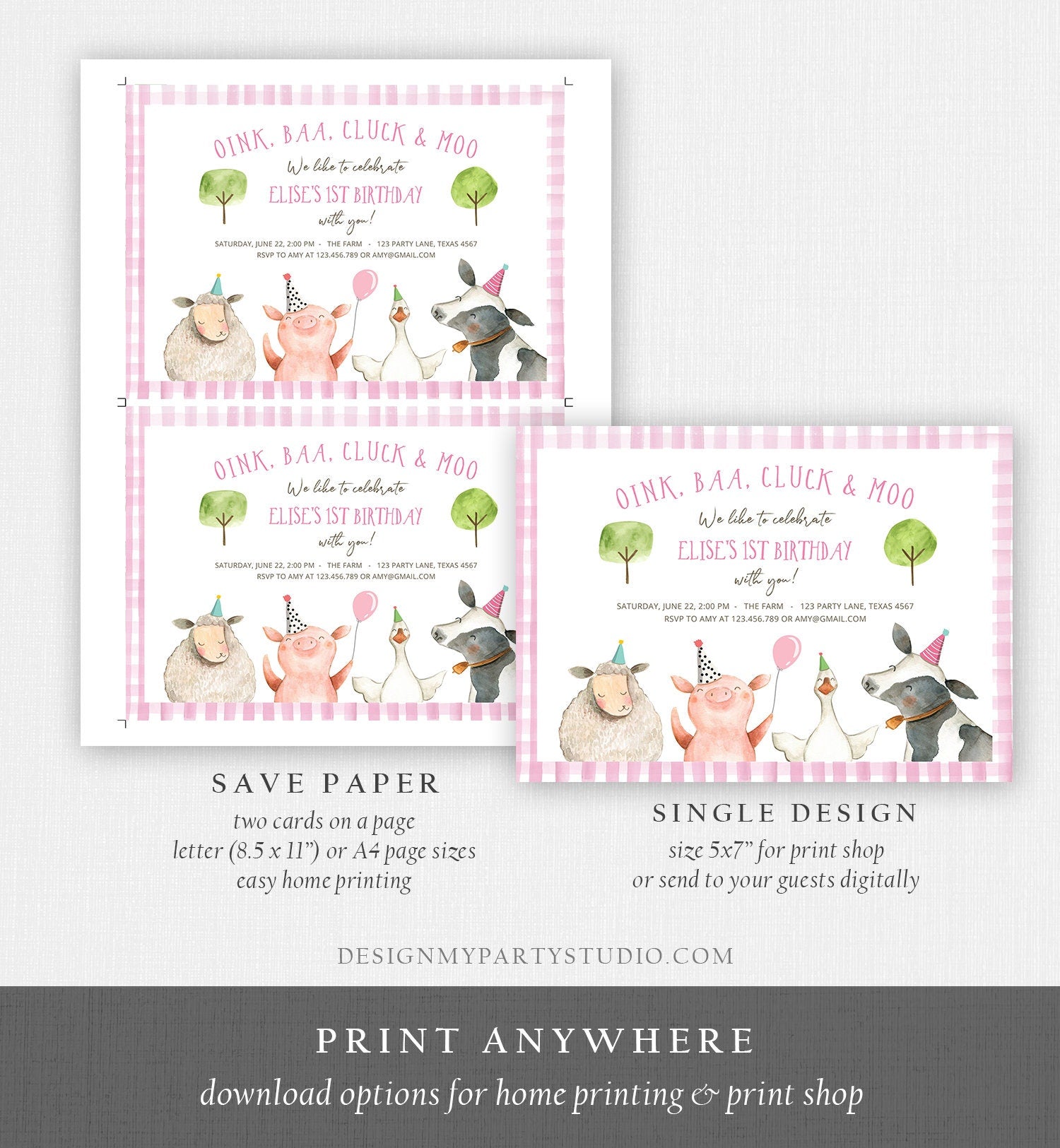 Editable Farm Birthday Invitation Girl Farm Animals Pink Floral Barnyard Party Download Printable Invitation Template Digital Corjl 0155