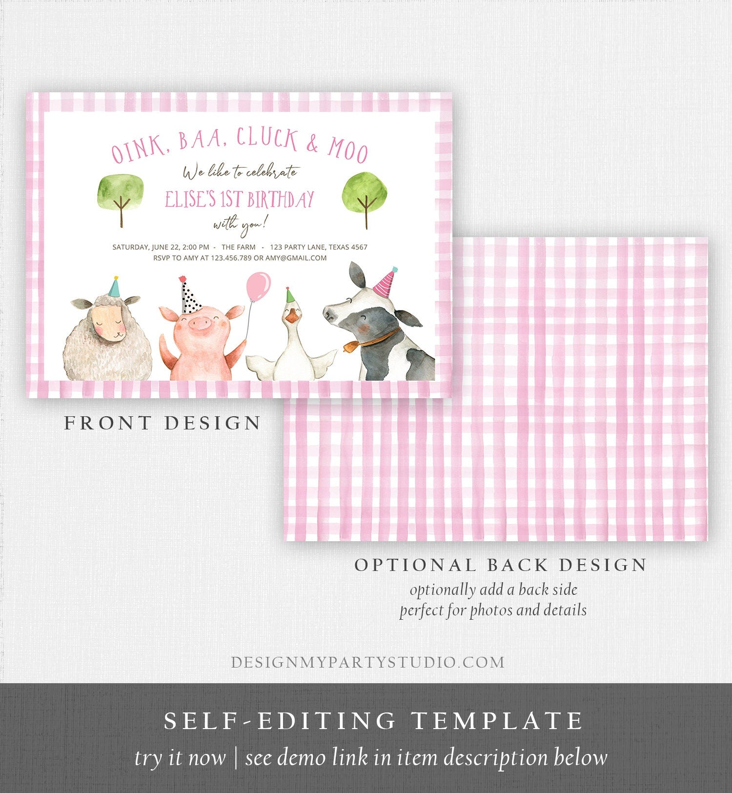 Editable Farm Birthday Invitation Girl Farm Animals Pink Floral Barnyard Party Download Printable Invitation Template Digital Corjl 0155