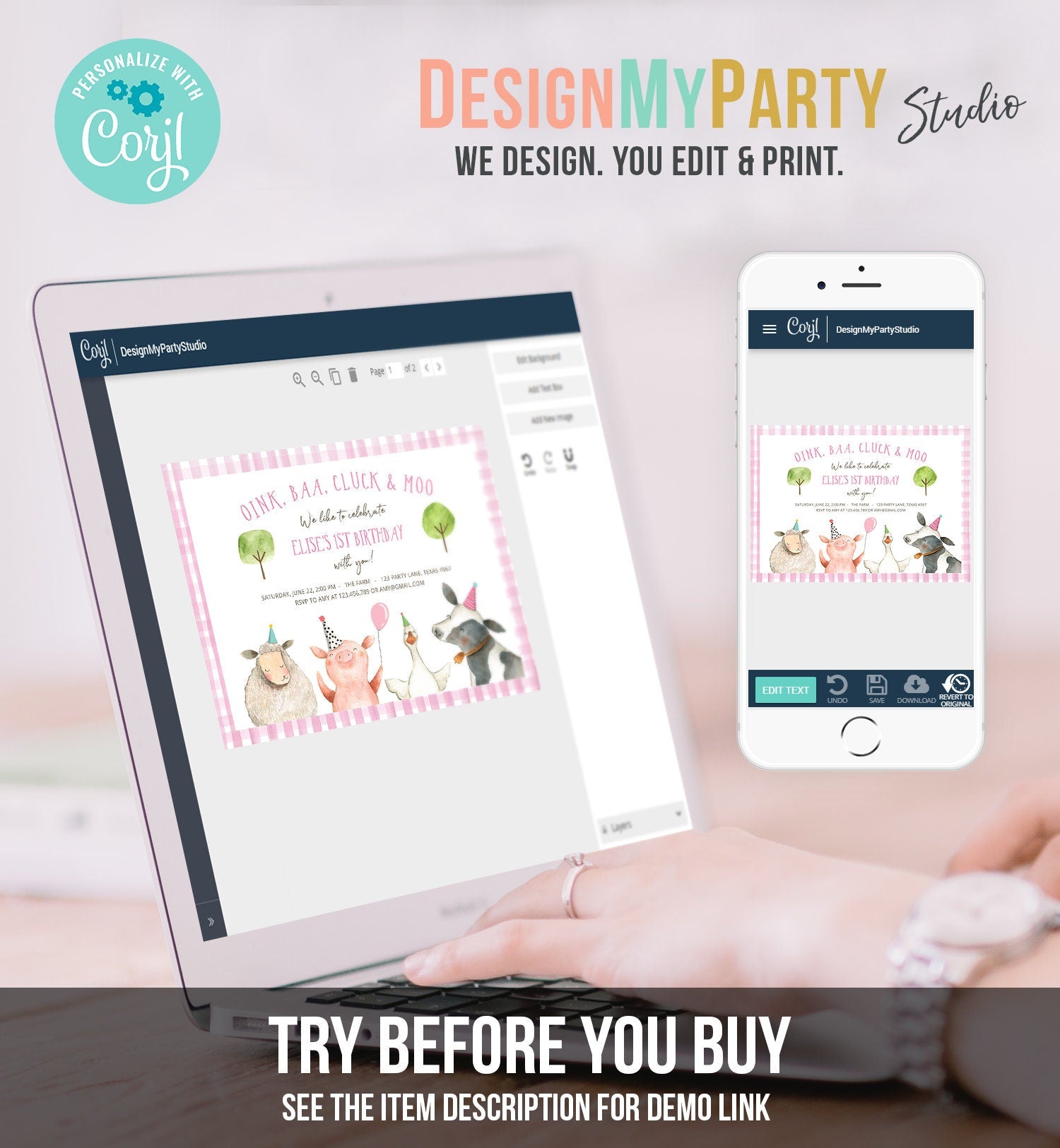 Editable Farm Birthday Invitation Girl Farm Animals Pink Floral Barnyard Party Download Printable Invitation Template Digital Corjl 0155