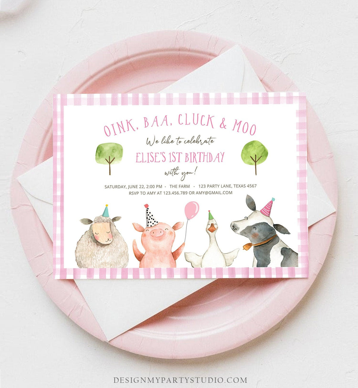 Editable Farm Birthday Invitation Girl Farm Animals Pink Floral Barnyard Party Download Printable Invitation Template Digital Corjl 0155