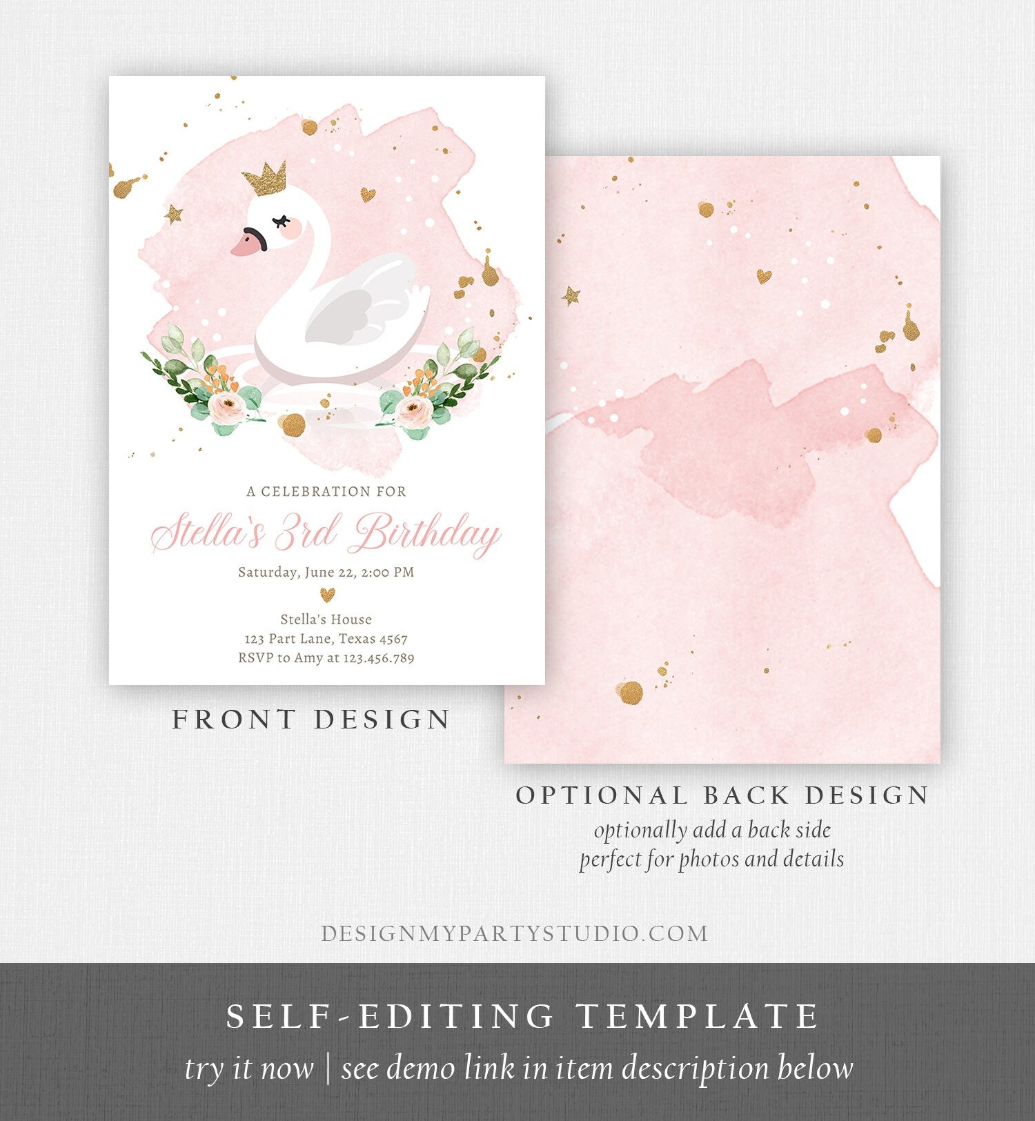 Editable Swan Birthday Invitation Girl Swan Princess Birthday Invite Pink Gold 1st 2nd 3rd Digital Download Evite Template Printable 0382