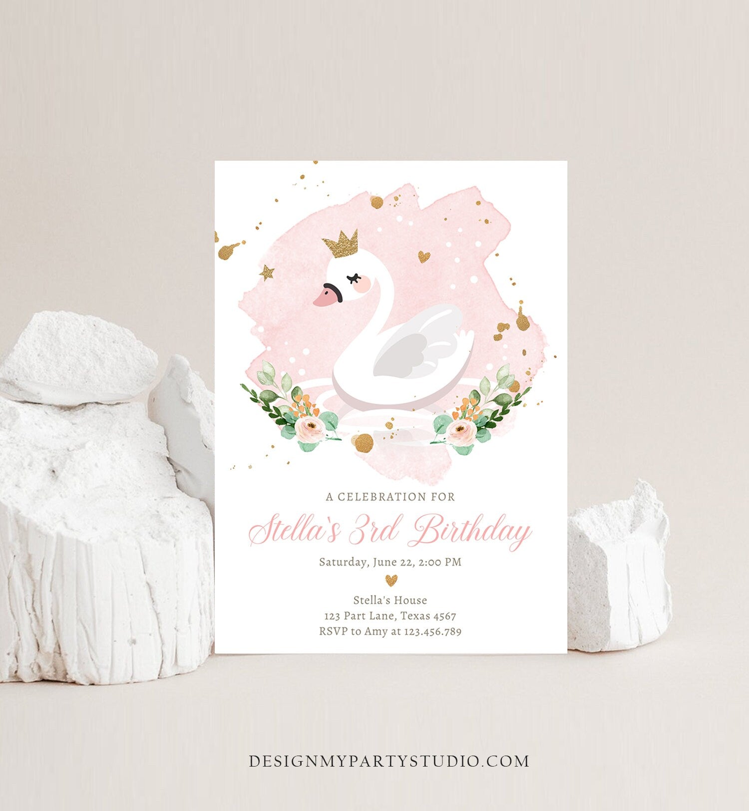 Editable Swan Birthday Invitation Girl Swan Princess Birthday Invite Pink Gold 1st 2nd 3rd Digital Download Evite Template Printable 0382