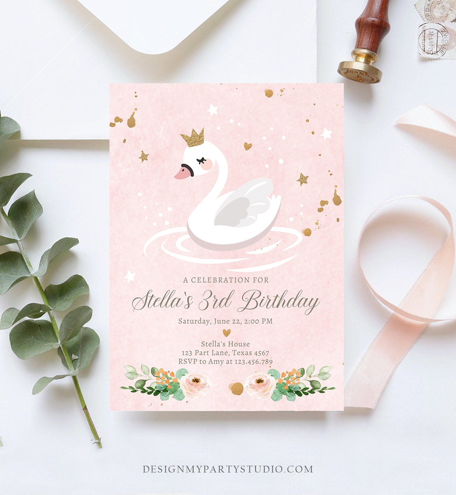 Editable Swan Birthday Invitation Girl Swan Princess Birthday Invite Pink Gold 1st 2nd 3rd Download Printable Template Digital Evite 0382