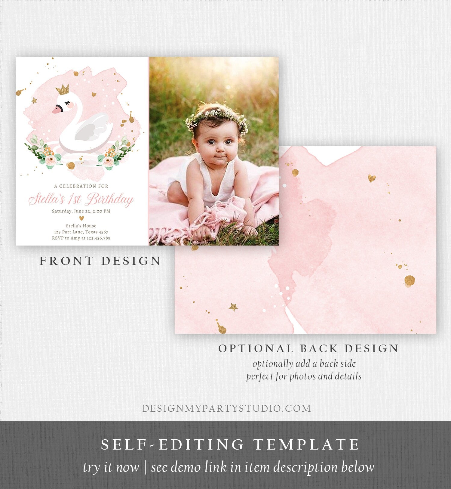 Editable Swan Birthday Invitation Girl Swan Princess Birthday Invite Pink Gold 1st 2nd 3rd Digital Download Evite Template Printable 0382