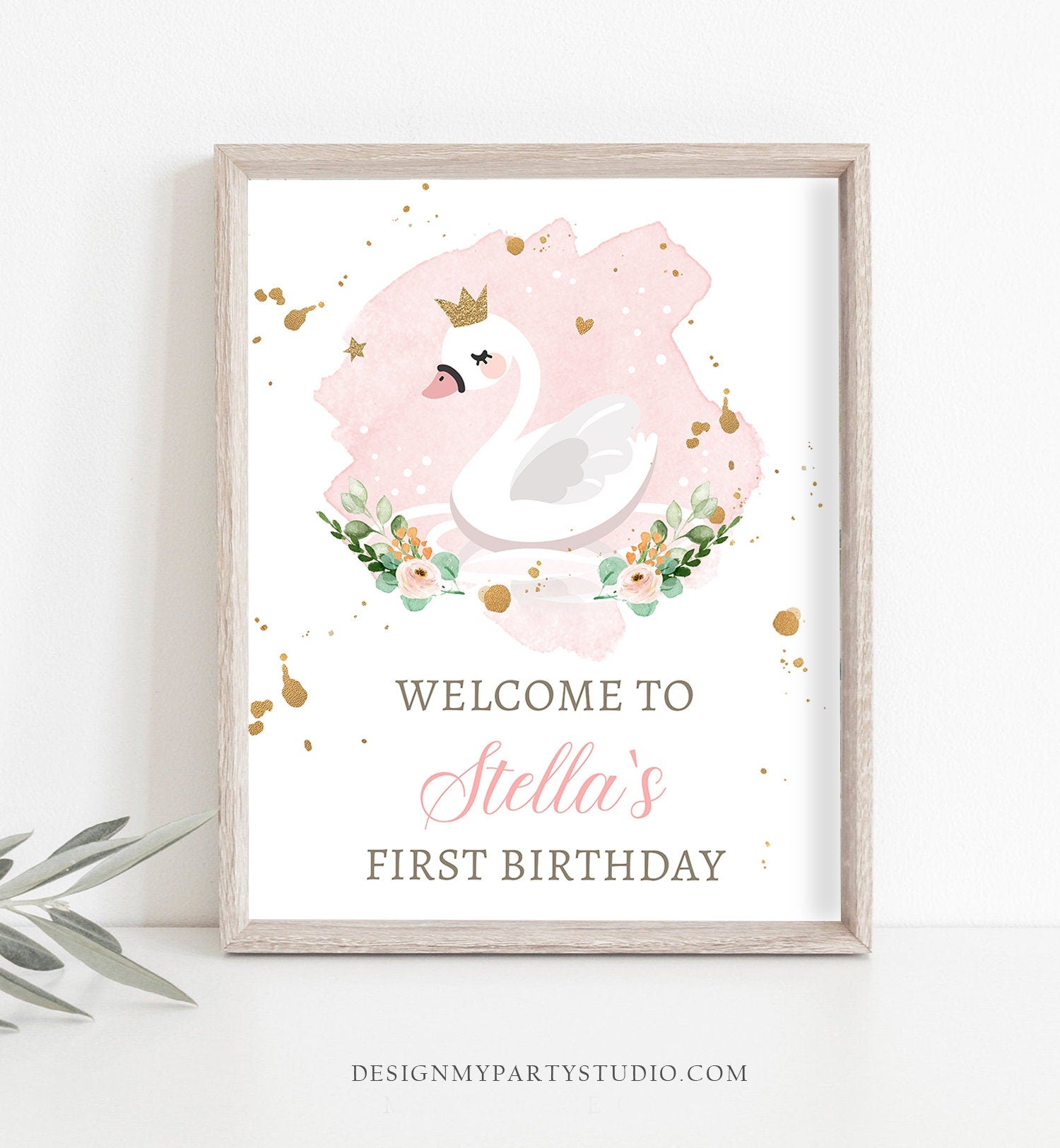 Editable Swan Princess Birthday Welcome Sign Swan Birthday Welcome Sign Blush Pink Gold Floral Swan Decor Girl Template Printable 0382