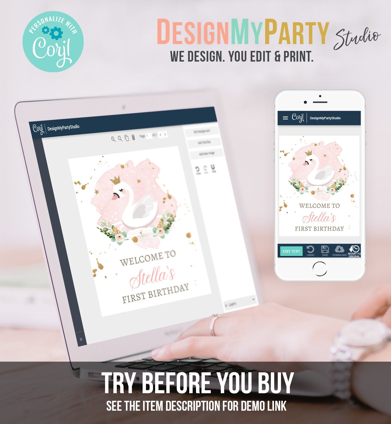 Editable Swan Princess Birthday Welcome Sign Swan Birthday Welcome Sign Blush Pink Gold Floral Swan Decor Girl Template Printable 0382