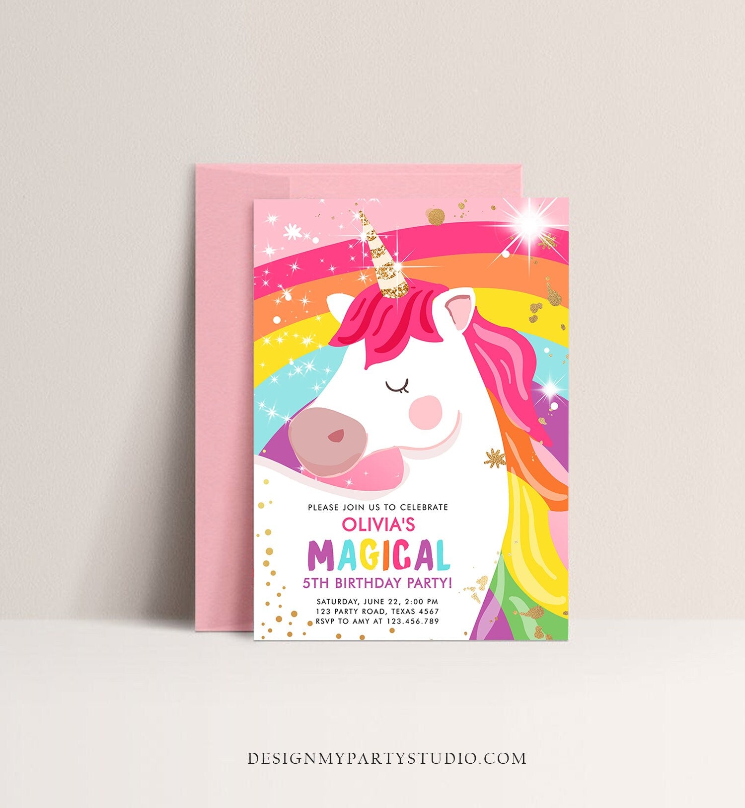 Editable Unicorn Birthday Invitation Magical Unicorn Party Girl Pink Gold Unicorn Invite Rainbow Printable Corjl Template Digital 0323