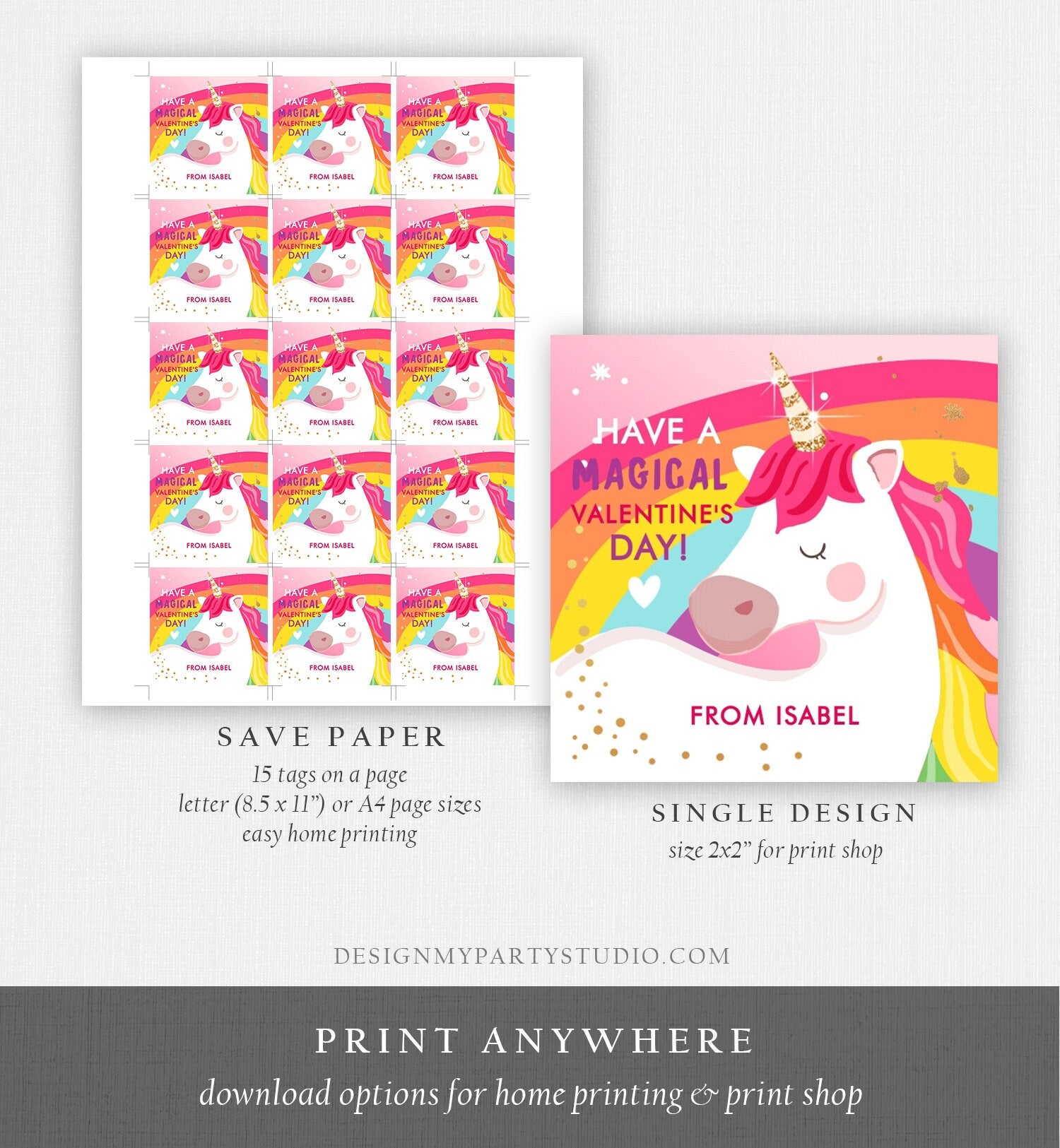 Editable Valentine Unicorn Stickers Valentine Tags for Kids Magical Valentine's Day School Class Personalized Digital PRINTABLE 0323 0370