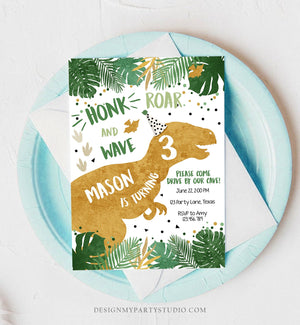 Editable Dinosaur Drive By Birthday Parade Invitation Virtual Party Invite Honk Car Boy Dino T-Rex Quarantine Download Digital Corjl 0146