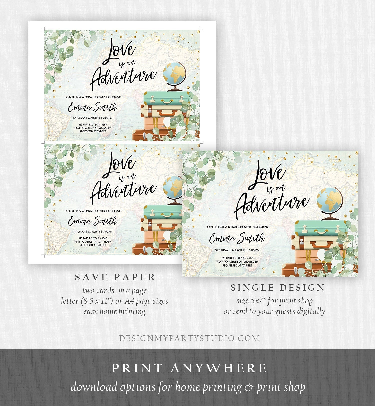 Editable Love is an Adventure Bridal Shower Invitation Traveling to Mrs Travel Eucalyptus Greenery Suitcases Evite Template Printable 0030