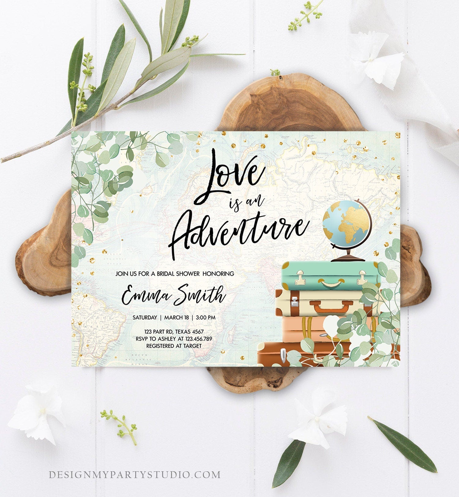 Editable Love is an Adventure Bridal Shower Invitation Traveling to Mrs Travel Eucalyptus Greenery Suitcases Evite Template Printable 0030