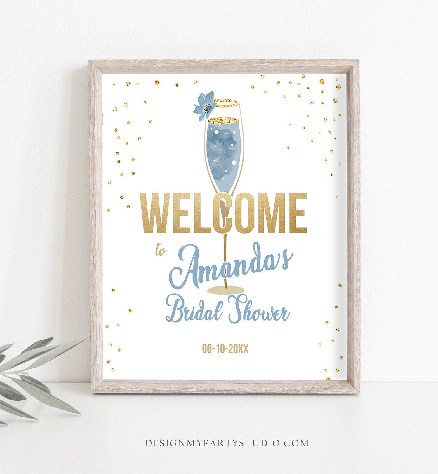 Editable Brunch and Bubbly Welcome Sign Bridal Shower Floral Champagne Gold Blue Wedding Shower Welcome Sign Digital Corjl Template 0150