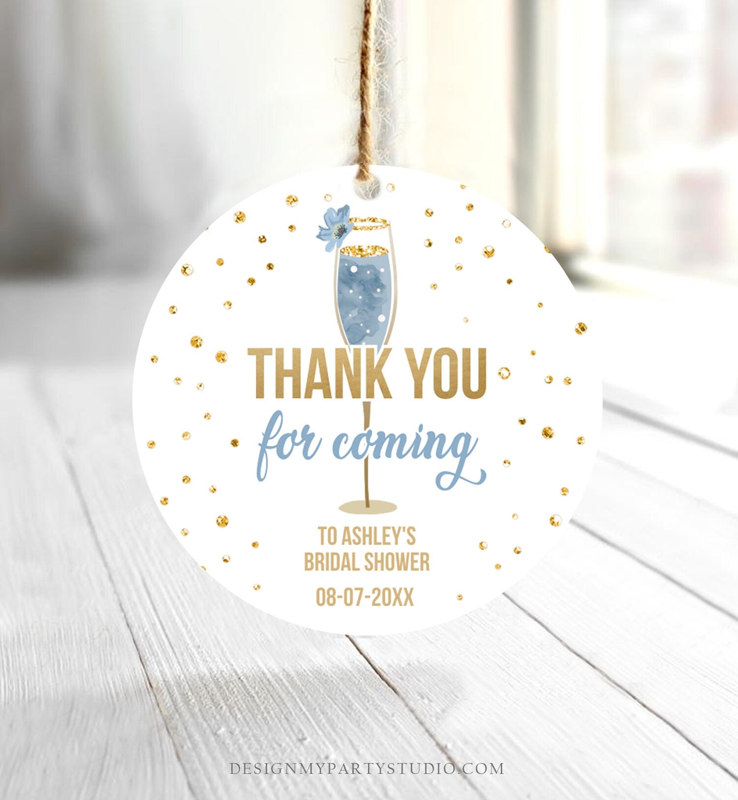 Editable Brunch and Bubbly Thank You Stickers Bubbly Bridal Shower Favor Gift Tags Pastel Blue Gold Floral Digital Template Printable 0150