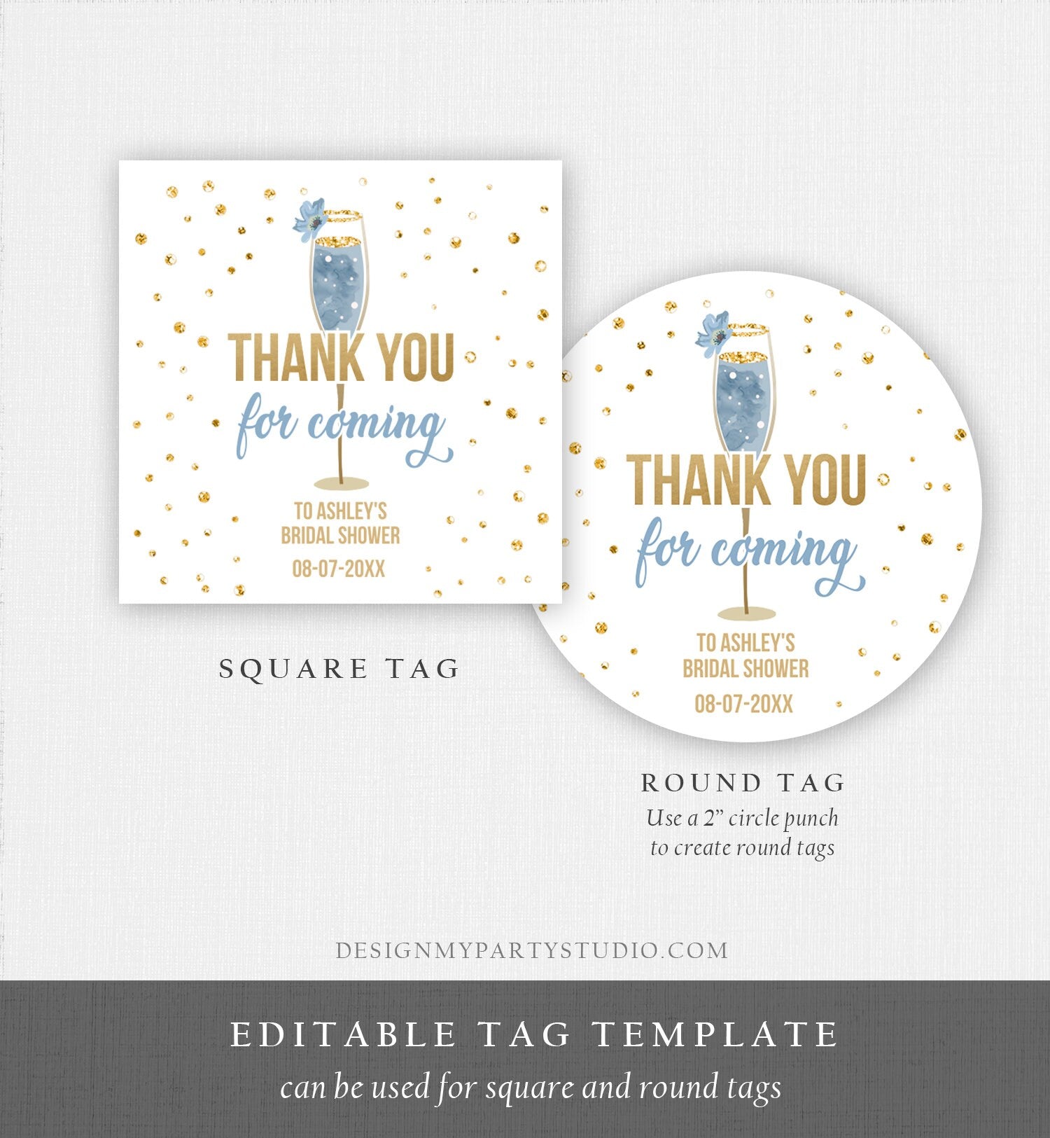 Editable Brunch and Bubbly Thank You Stickers Bubbly Bridal Shower Favor Gift Tags Pastel Blue Gold Floral Digital Template Printable 0150