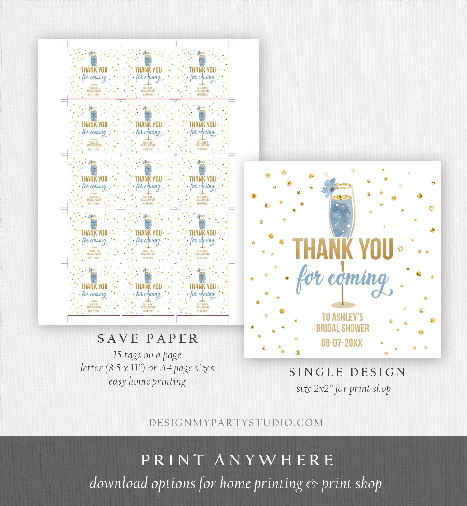 Editable Brunch and Bubbly Thank You Stickers Bubbly Bridal Shower Favor Gift Tags Pastel Blue Gold Floral Digital Template Printable 0150