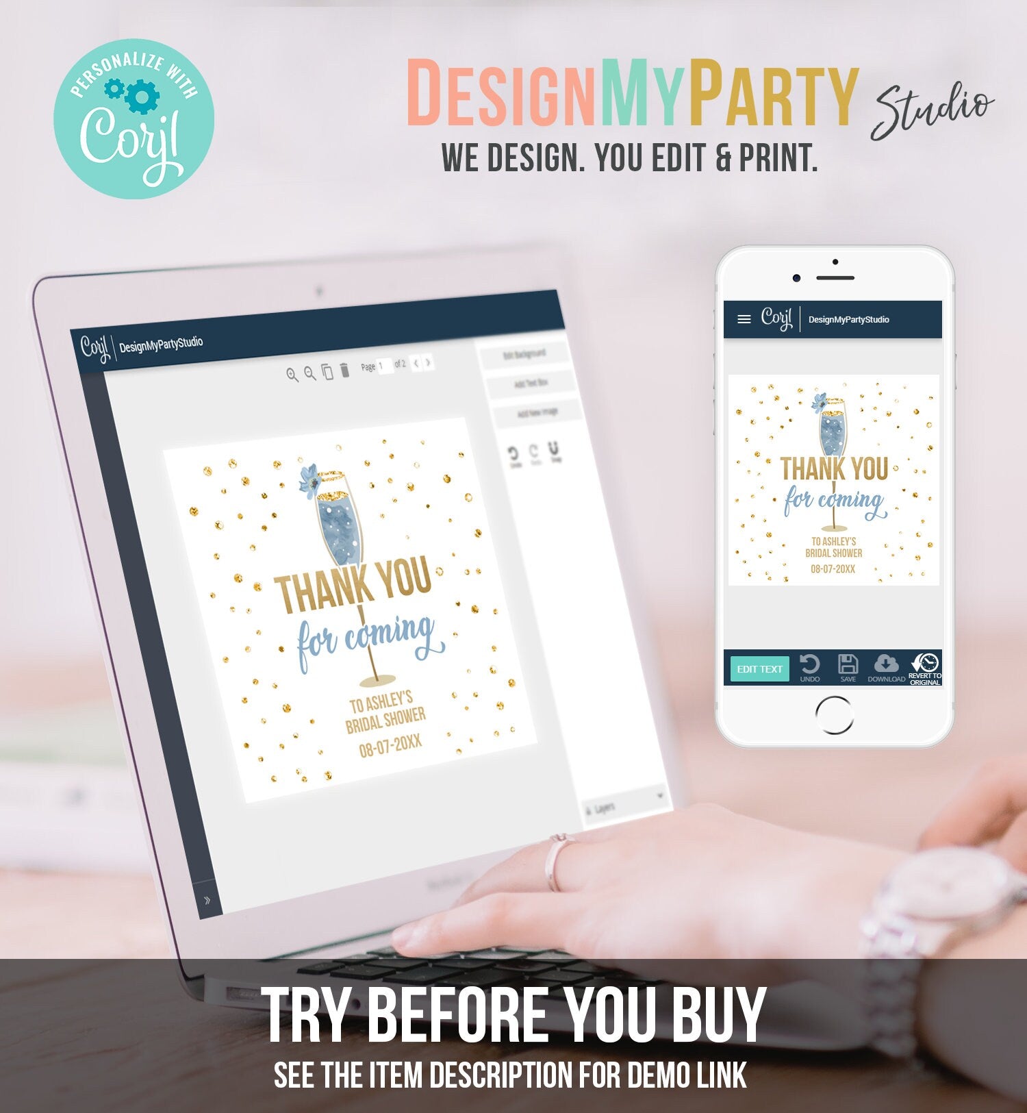 Editable Brunch and Bubbly Thank You Stickers Bubbly Bridal Shower Favor Gift Tags Pastel Blue Gold Floral Digital Template Printable 0150