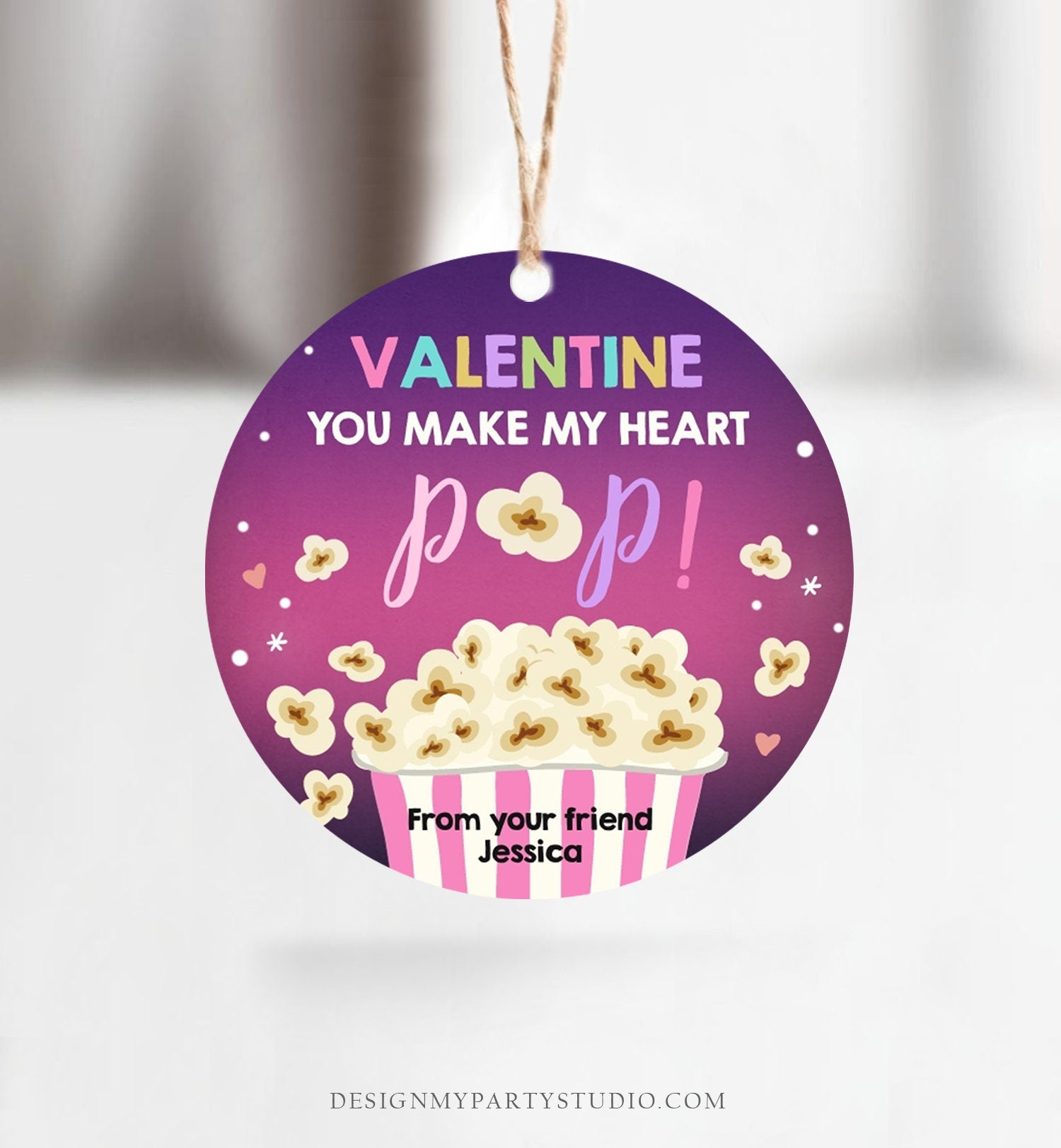 Editable Popcorn Valentine's Day Tag You Make my Heart Pop Sticker Valentines Day Card for Kids School Class Tag Digital PRINTABLE 0367 0370