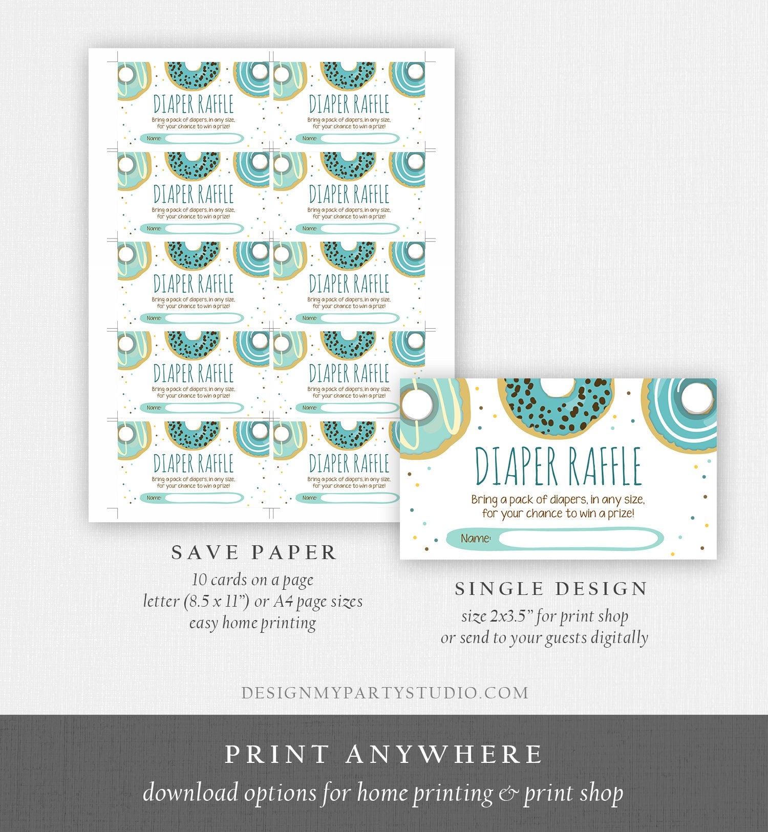 Editable Diaper Raffle Tickets Baby Shower Donut Blue Boy Doughnut Diaper Game Sprinkle Sprinkled With Love Corjl Template Printable 0050