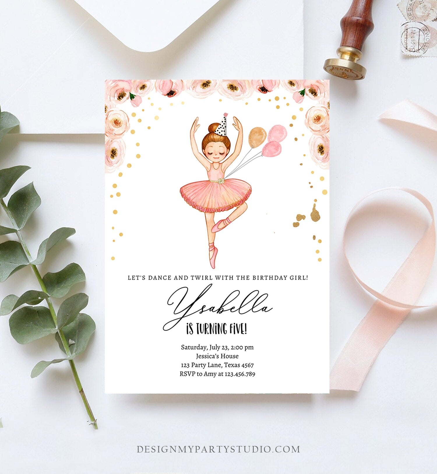 Editable Ballerina Birthday Invitation Ballerina Invitation Ballet Girl Tutu Dress Pink Gold Digital Download Evite Template Printable 0375