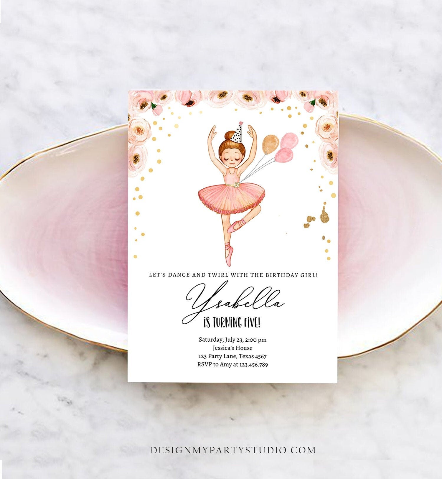 Editable Ballerina Birthday Invitation Ballerina Invitation Ballet Girl Tutu Dress Pink Gold Digital Download Evite Template Printable 0375