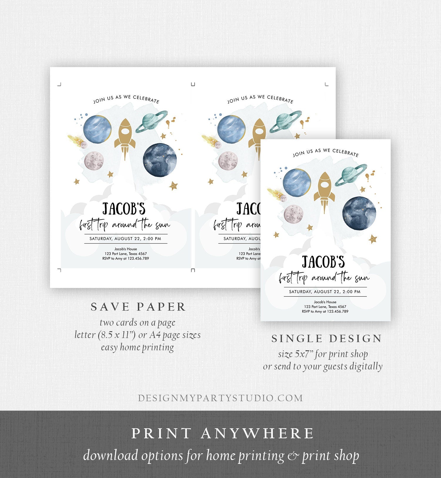 Editable Outer Space First Birthday Invitation Galaxy Blast Off First Trip Around the Sun Download Printable Template Digital Corjl 0357