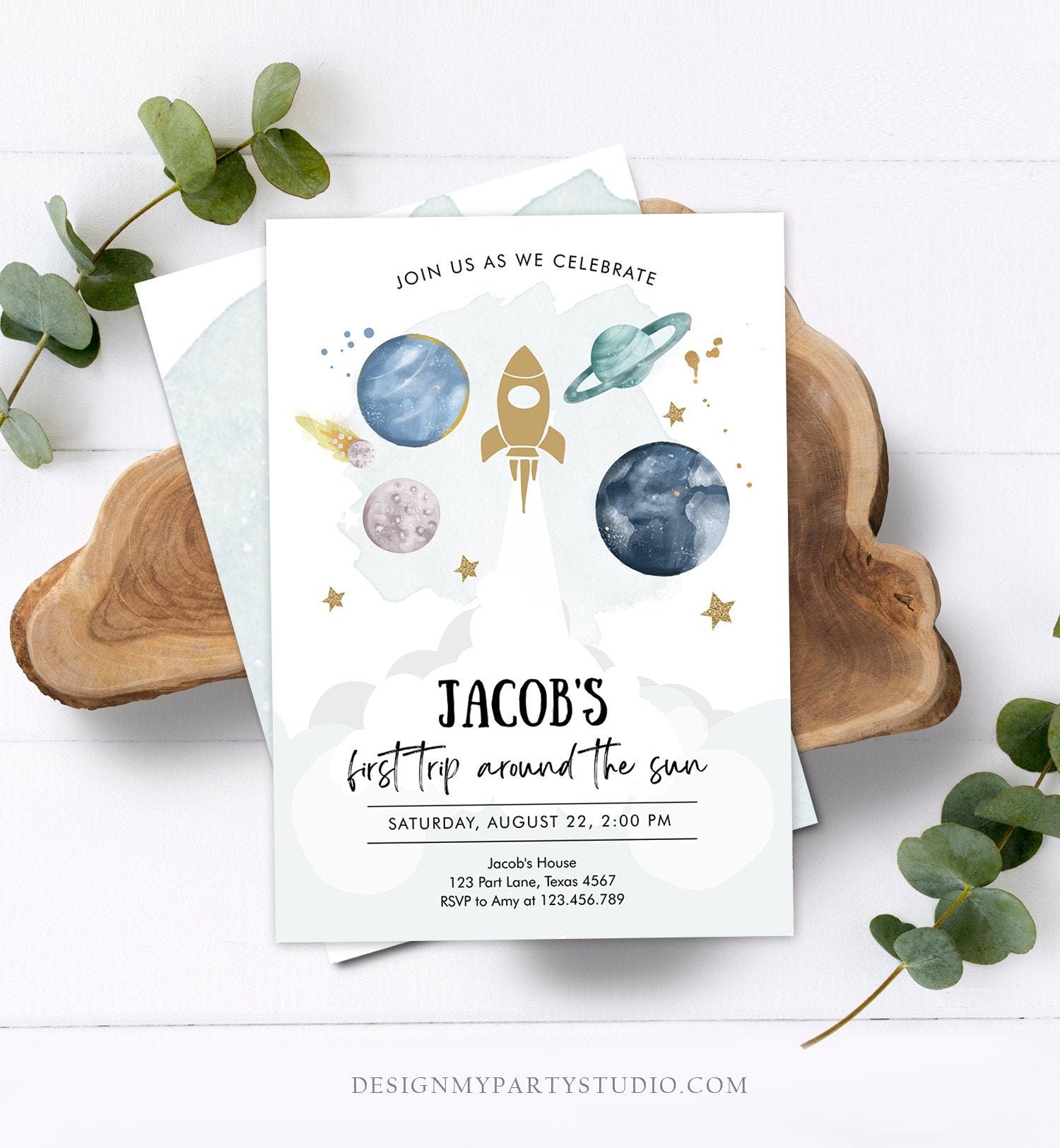 Editable Outer Space First Birthday Invitation Galaxy Blast Off First Trip Around the Sun Download Printable Template Digital Corjl 0357