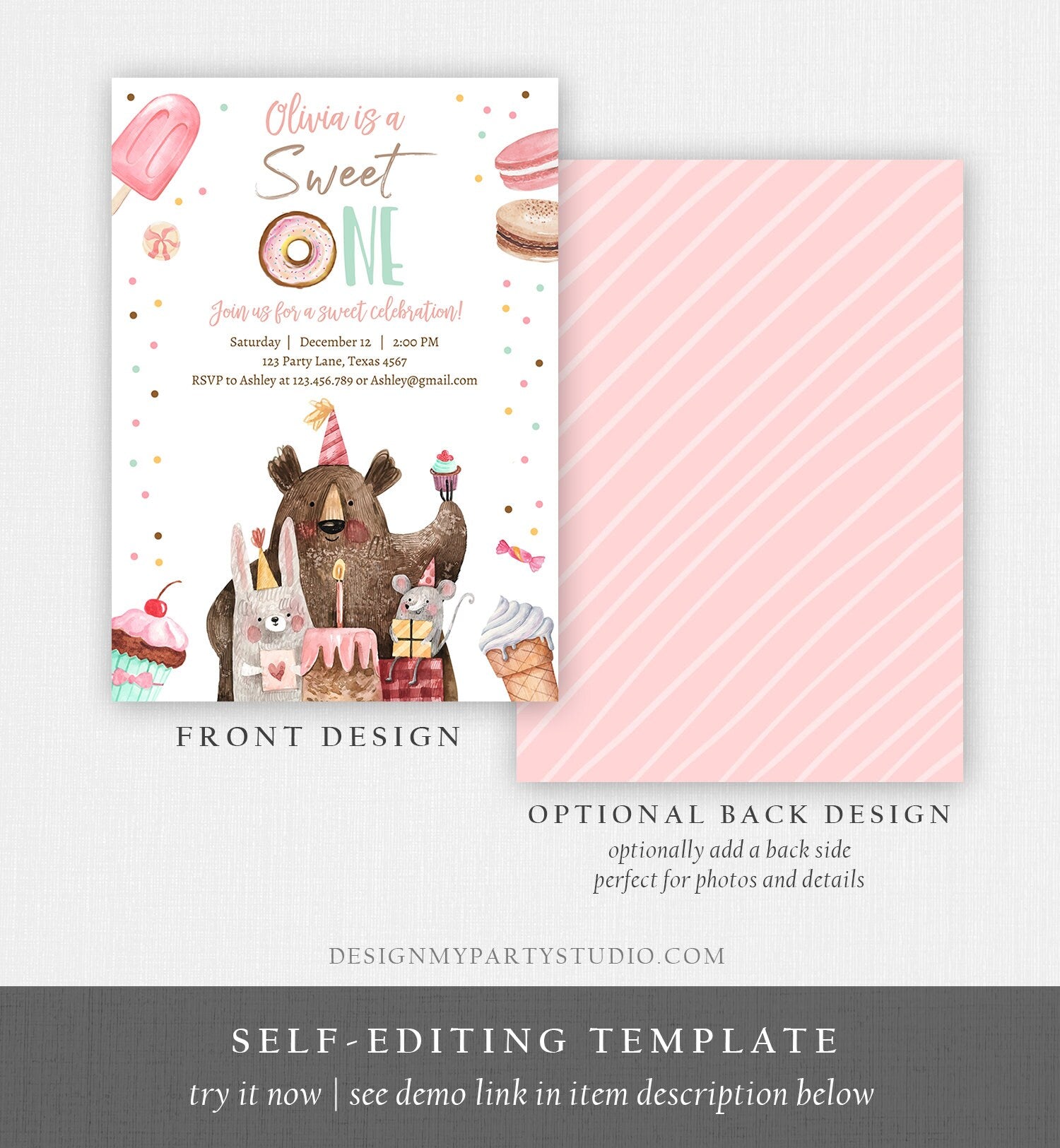 Editable Sweet One Birthday Invitation First Birthday Party 1st Girl Donut Ice Cream Animals Digital Download Evite Template Printable 0373