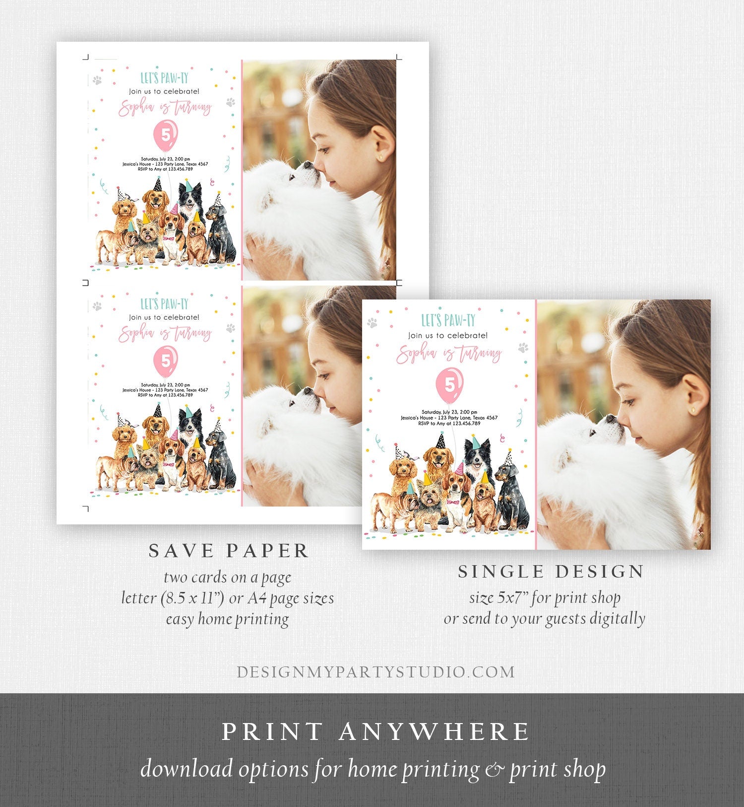 Editable Puppy Birthday Invitation Dogs Birthday Party Invite Pink Girl Watercolor Let's Pawty Dog Download Printable Template Corjl 0384