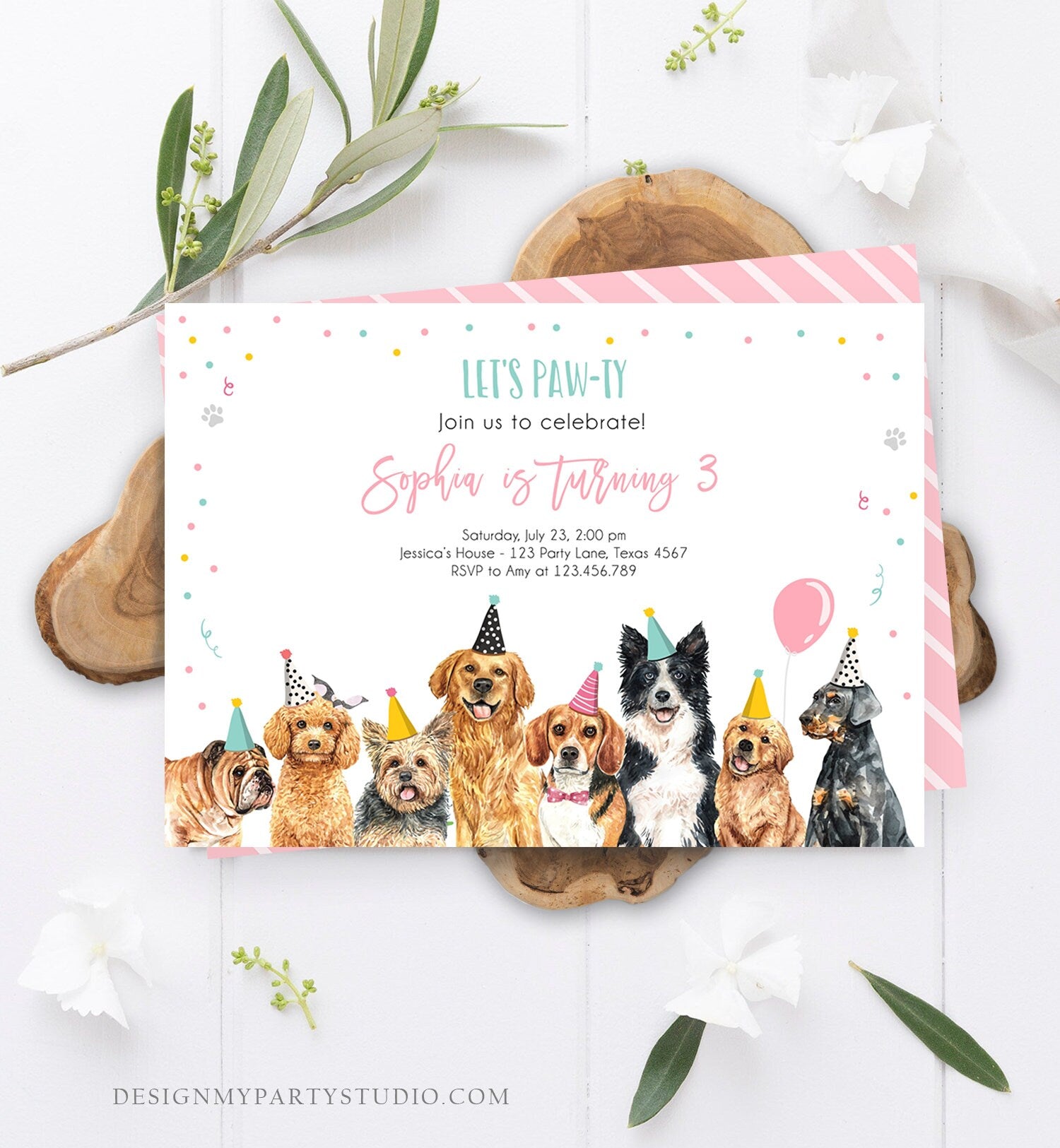 Editable Puppy Birthday Invitation Dogs Birthday Party Invite Pink Girl Let's Pawty Dog Digital Download Evite Template Printable 0384