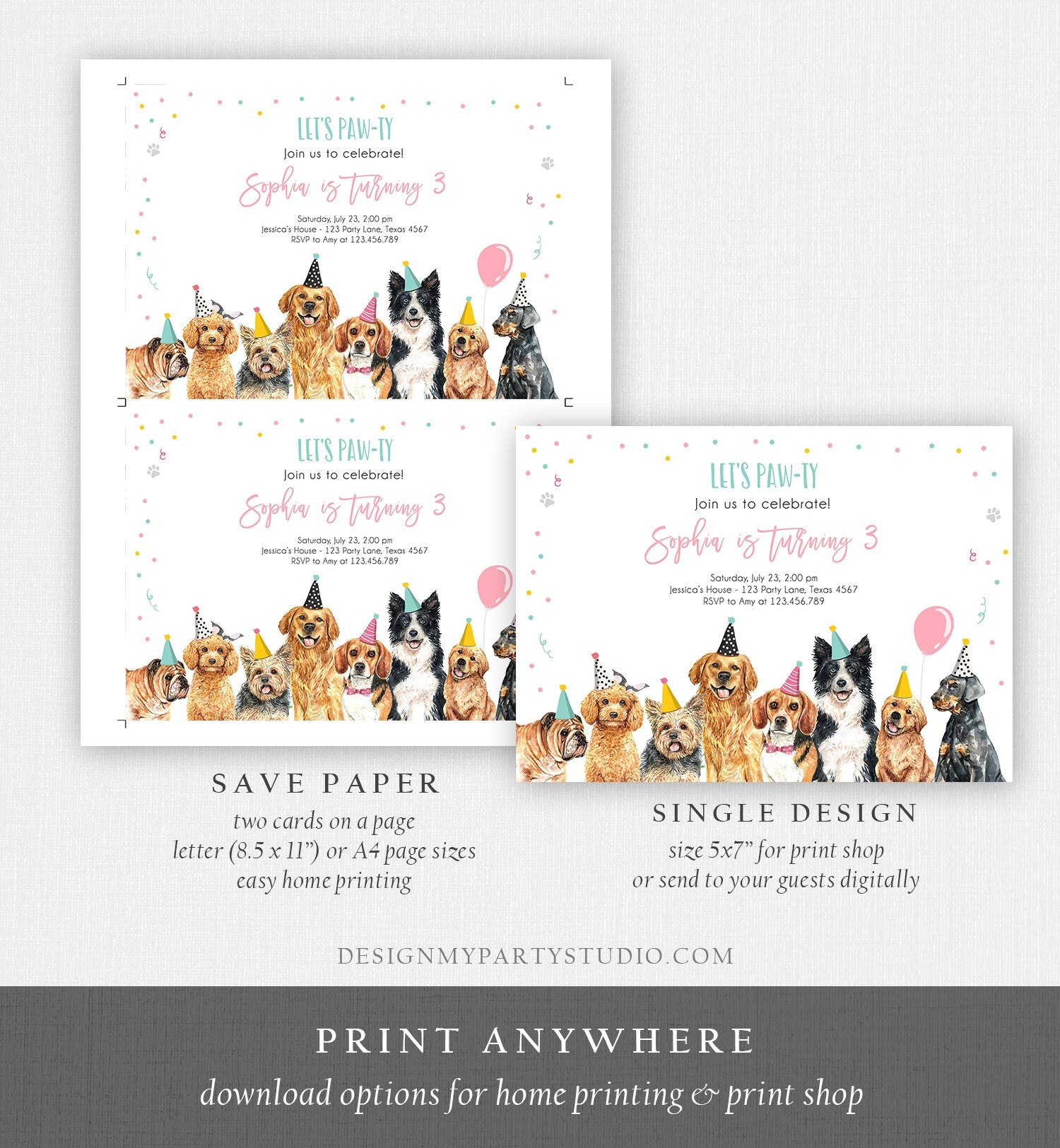 Editable Puppy Birthday Invitation Dogs Birthday Party Invite Pink Girl Let's Pawty Dog Digital Download Evite Template Printable 0384