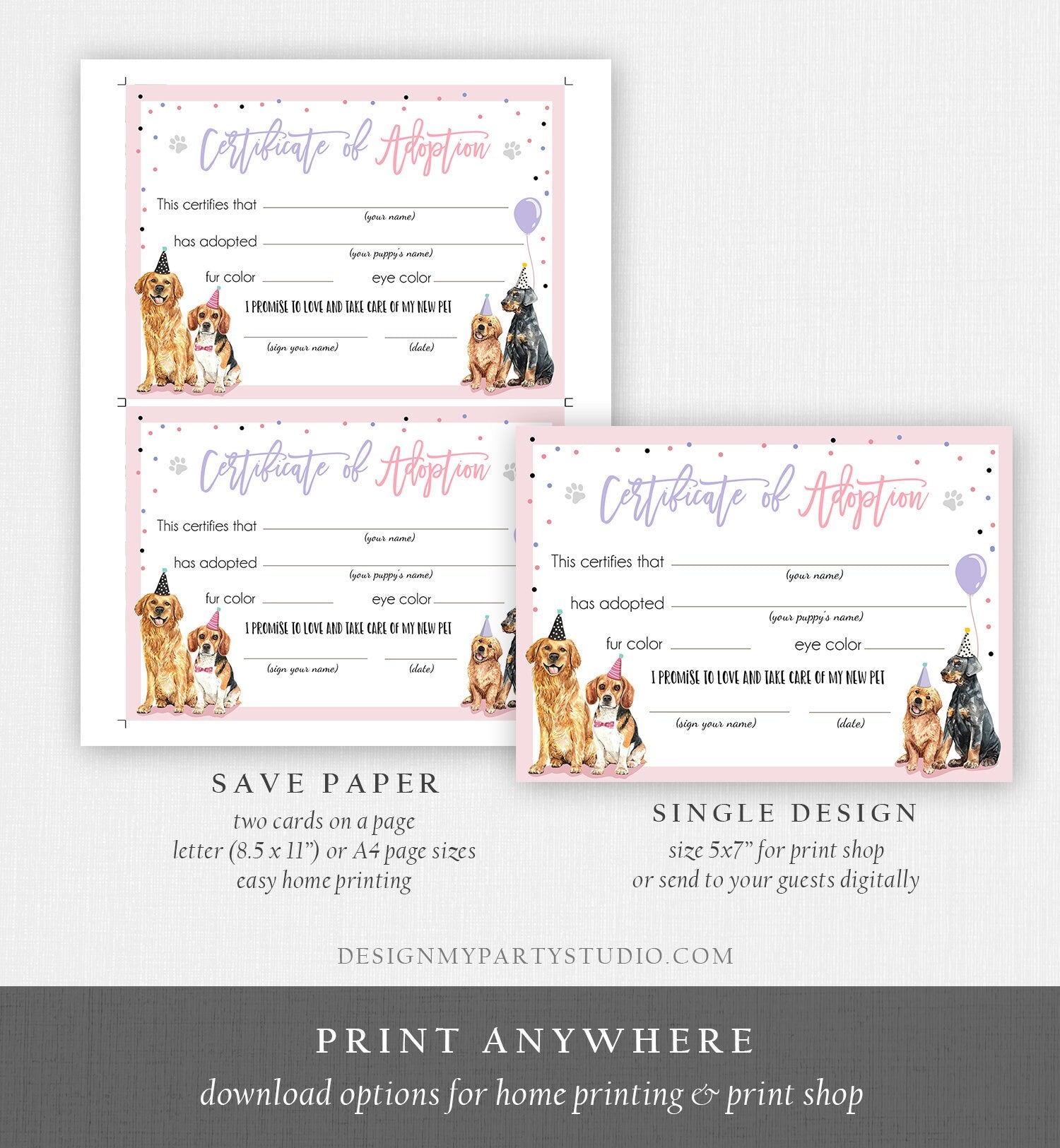 Pet Adoption Certificate Puppy Adoption Dog Birthday Party Adopt A Pet Girl Pink Vet Puppy Adoption Instant Download Digital Printable 0384