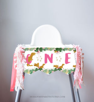 Dinosaur High Chair Banner Dinosaur Girl 1st First Birthday High Chair ONE Banner Pink Dino Party Decor T-Rex PRINTABLE Digital 0146